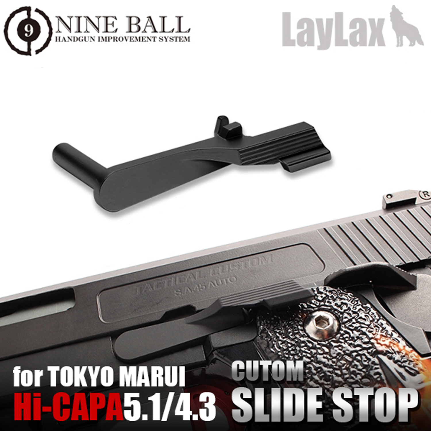 LAYLAX Nine Ball Extended Slide Stop for Tokyo Marui Hi-CAPA 5.1 / 4.3 - Black