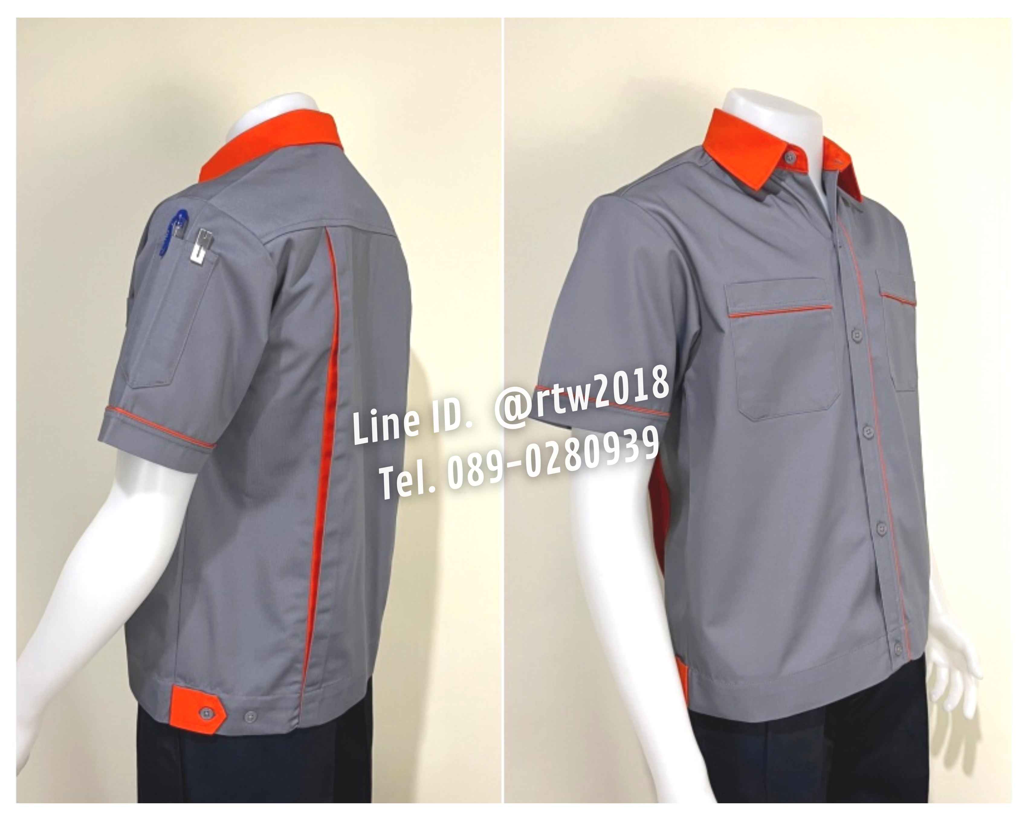 รหัส A5.10 : เสื้อช่างแขนสั้นผ้าคอมทวิวสีเทากุ้นส้ม