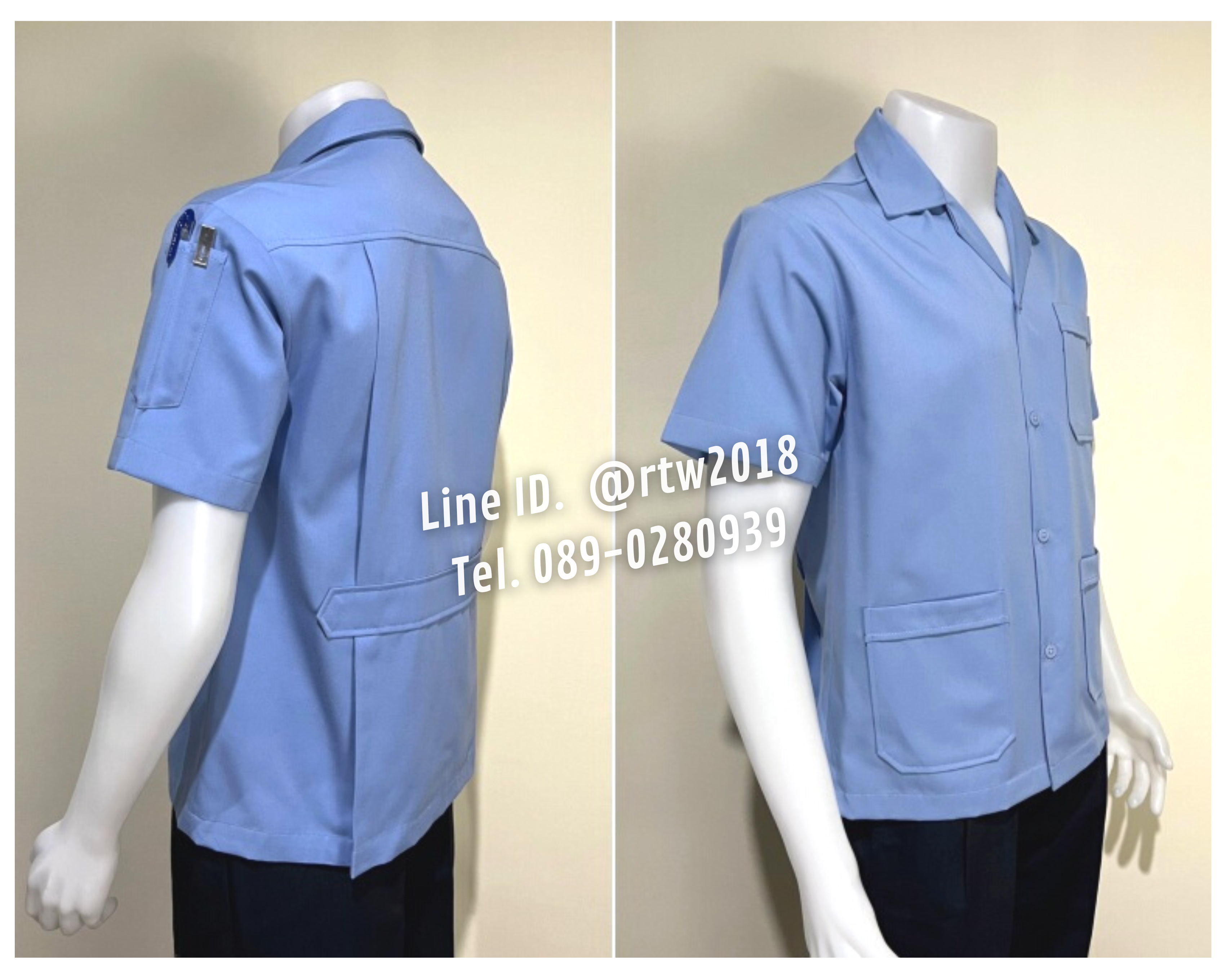 รหัส A1.4 : เสื้อช่างแขนสั้นผ้าคอมทวิวสามกระเป๋าสีฟ้าอ่อนล้วน