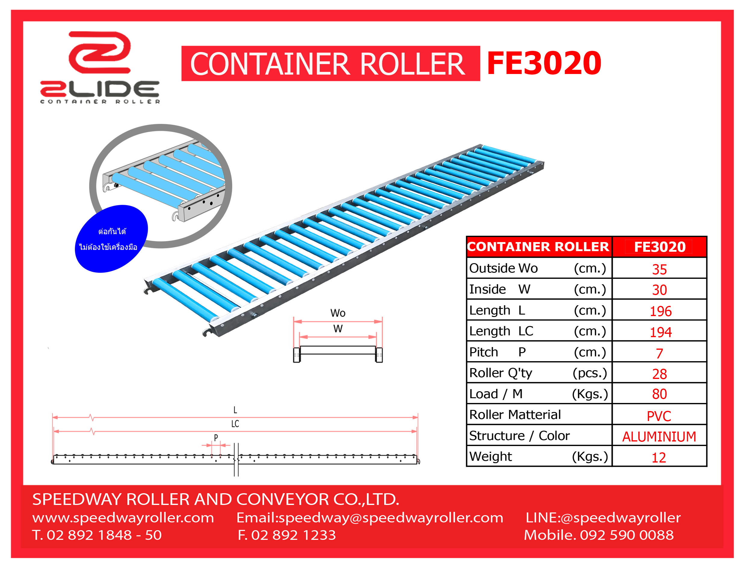 Zlide Container Roller รางลูกกลิ้ง อลูมิเนียม FE3020 W30 x L200 ( กว้าง 30 ซม , ยาว 2 ม. )