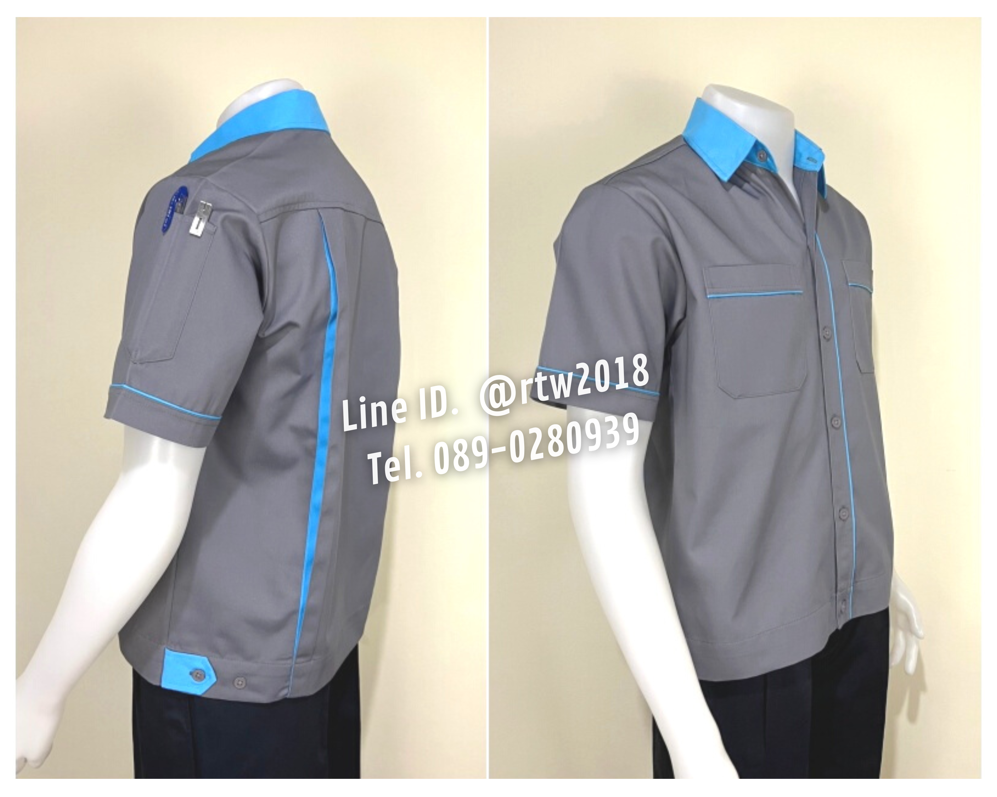 รหัส A5.2 : เสื้อช่างแขนสั้นผ้าคอมทวิวสีเทากุ้นฟ้าอ่อน