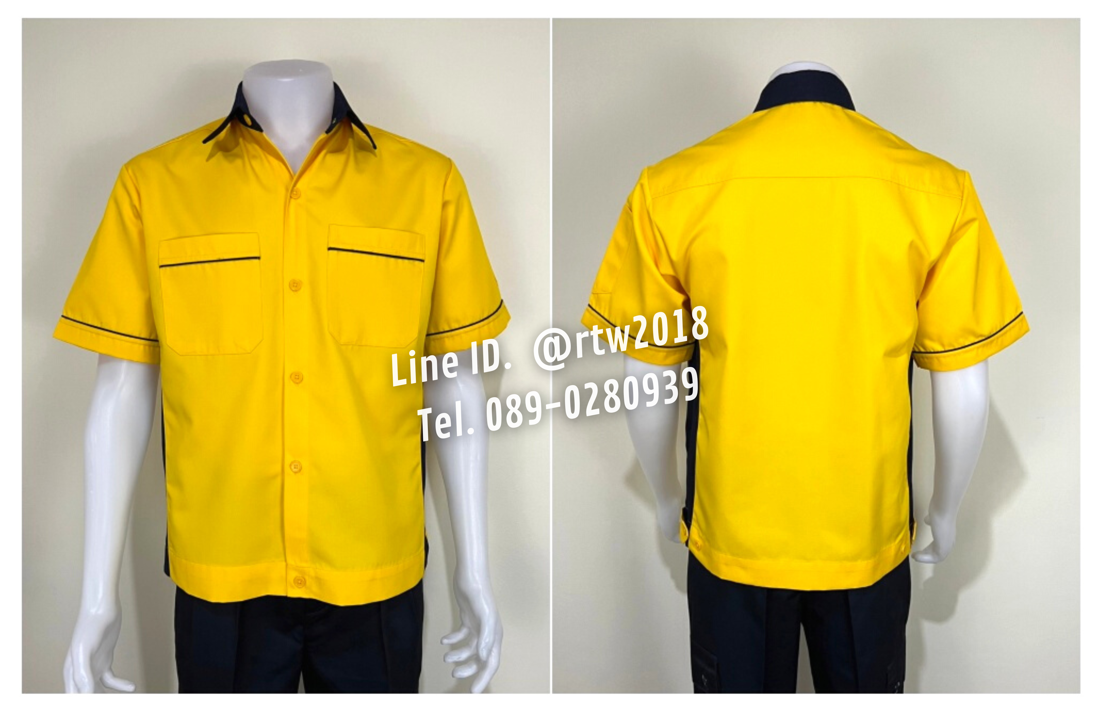 รหัส A14.2 : เสื้อช่างแขนสั้นผ้าคอมทวิวสีเหลืองข้างกรมท่า