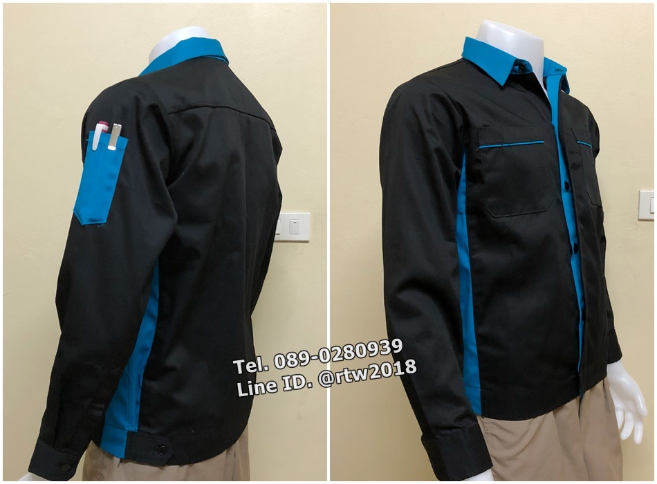 เสื้อช็อปแขนยาวผ้าคอมแบบดำข้างฟ้ากระดุมซ่อนสาบ (รหัส A72 )