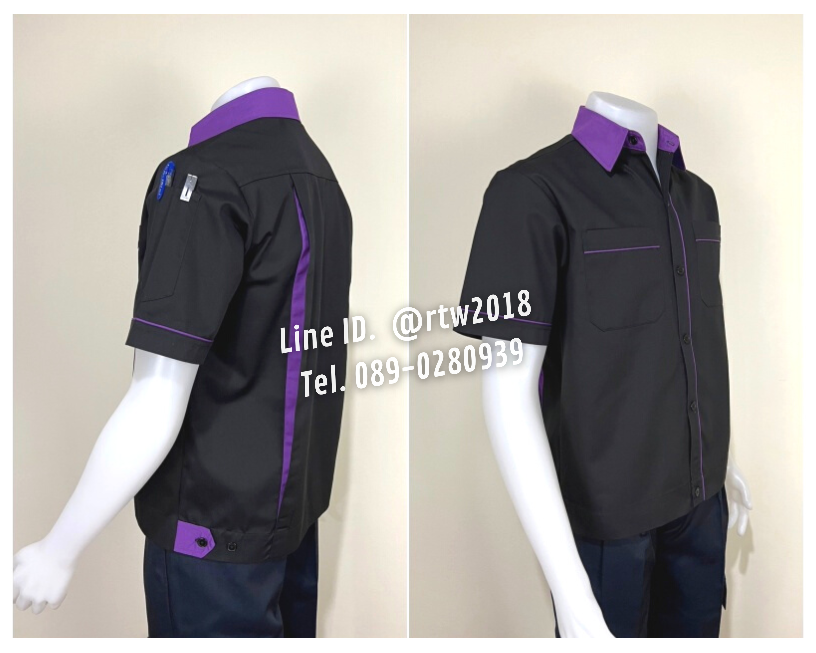 รหัส A7.1 : เสื้อช่างแขนสั้นผ้าคอมทวิวสีดำกุ้นม่วง