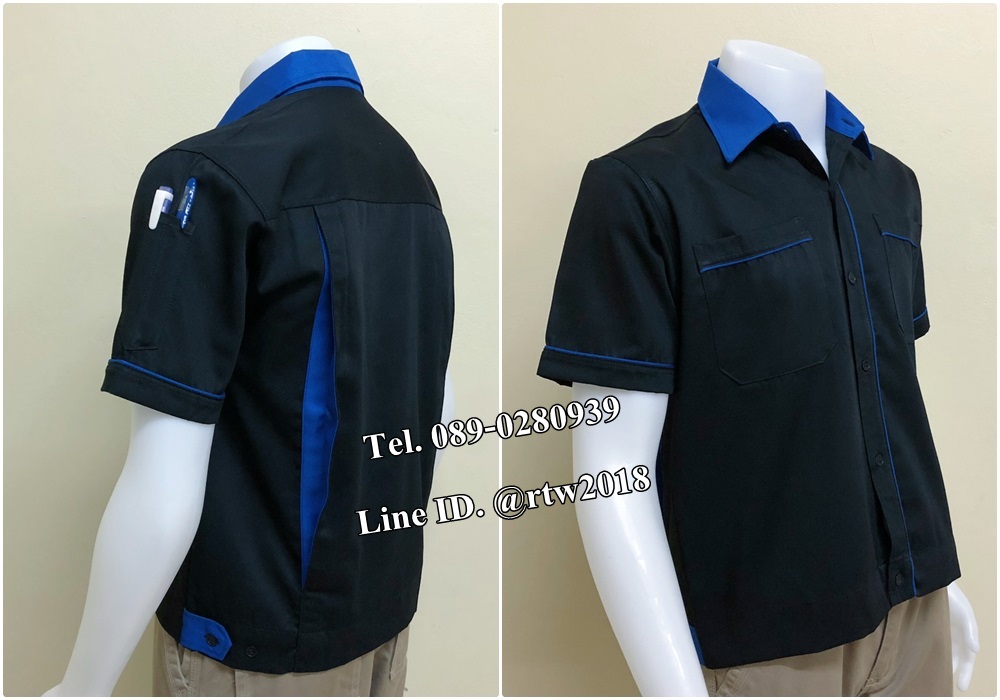 เสื้อช็อปแขนสั้นแบบดำกุ้นน้ำเงิน (รหัส A90)