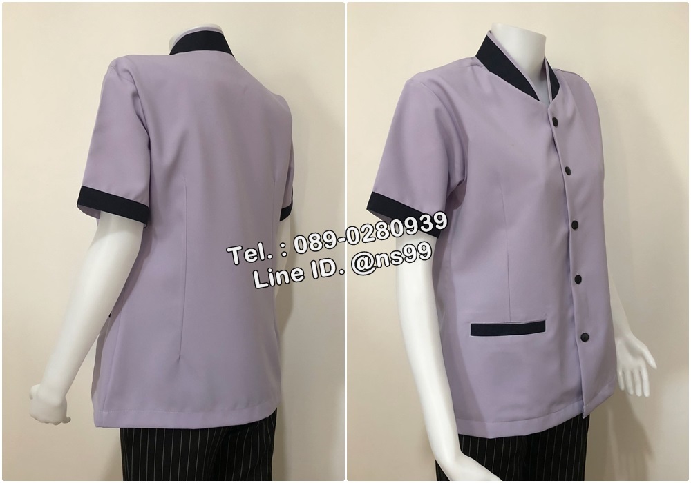 รหัส C12 : เสื้อแม่บ้านคอจีนแขนสั้นสีม่วงเทา/กรมท่า