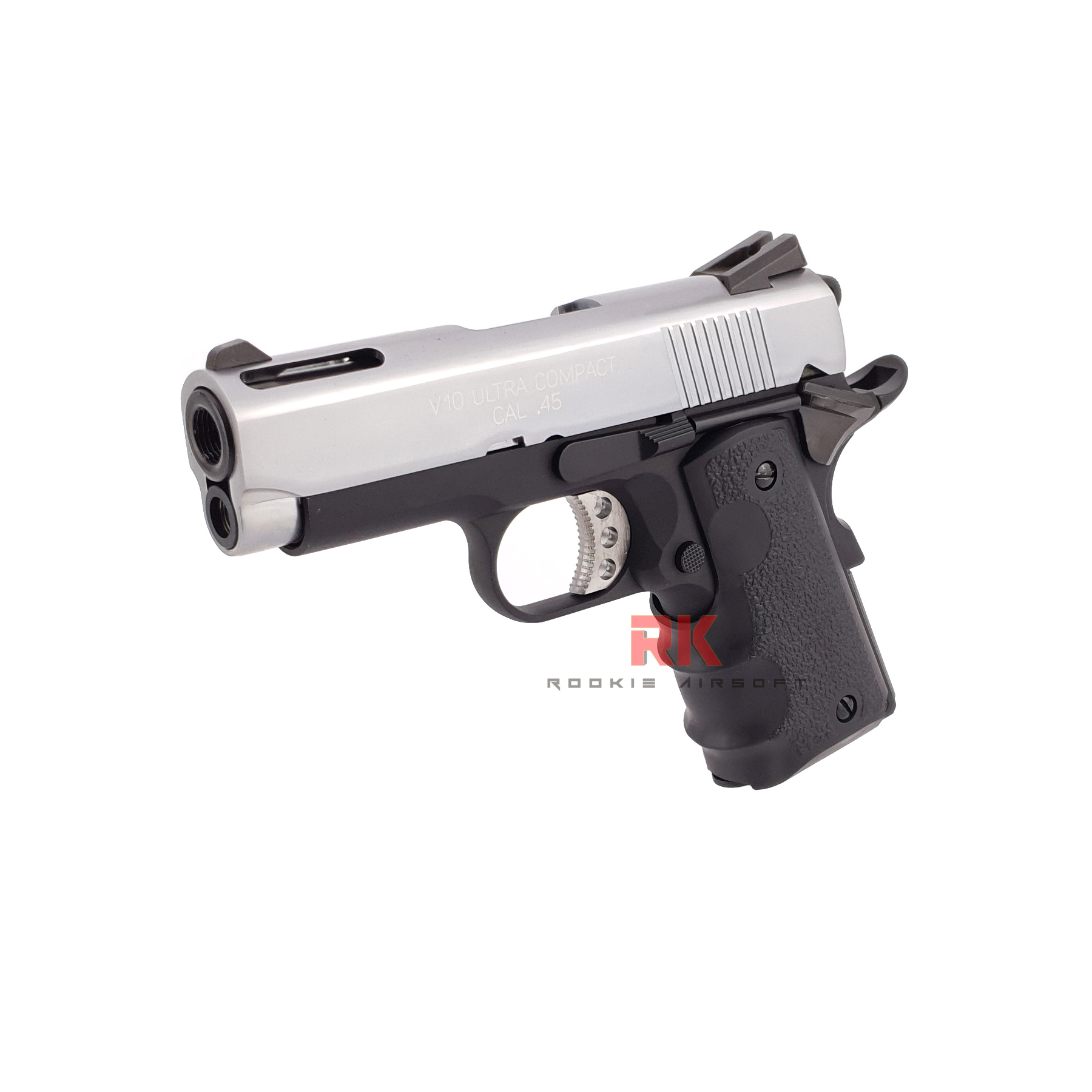 AW NE1003 M1911 Springfield V10 Ultra Compact .45ACP GBB - Silver Slide. Black Frame