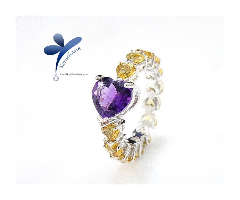Heart Amethys ring แหวนรอบวงพลอยอเมทิสท์รูปหัวใจสีม่วงเข้มสวย สลับพลอยซิทรินสีเหลืองเจิดจ้ารอบวง ชุบทองคำขาว