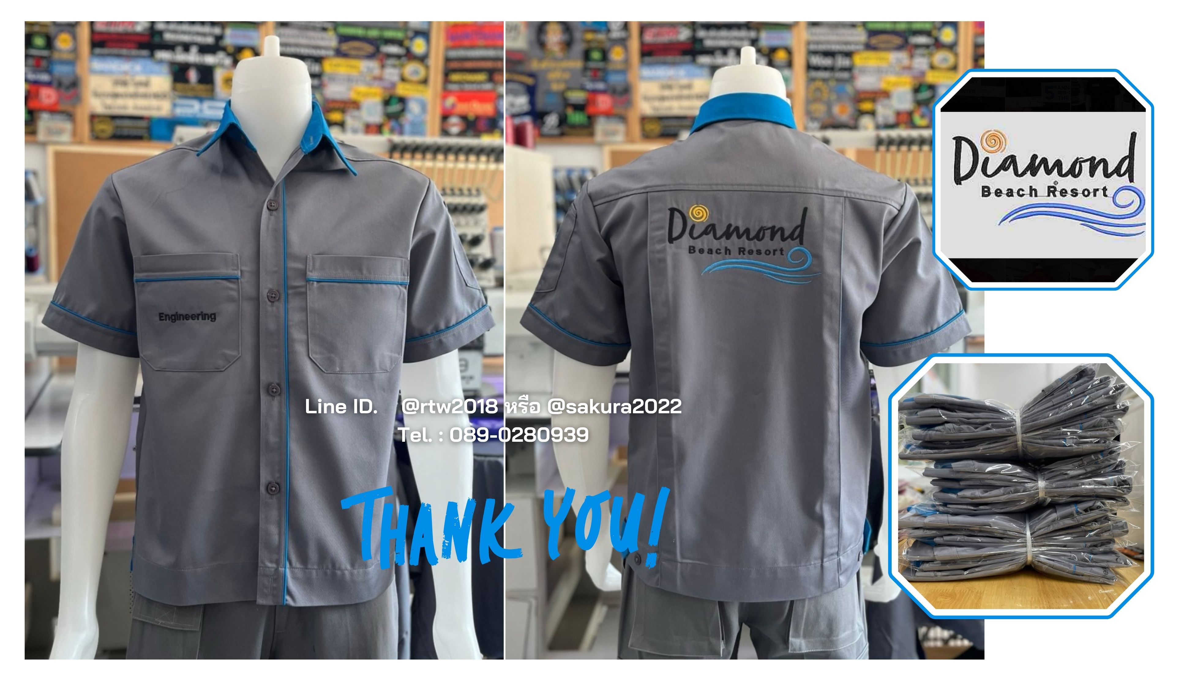 รหัส A5.3 : เสื้อช่างแขนสั้นผ้าคอมทวิวสีเทากุ้นฟ้าเข้ม