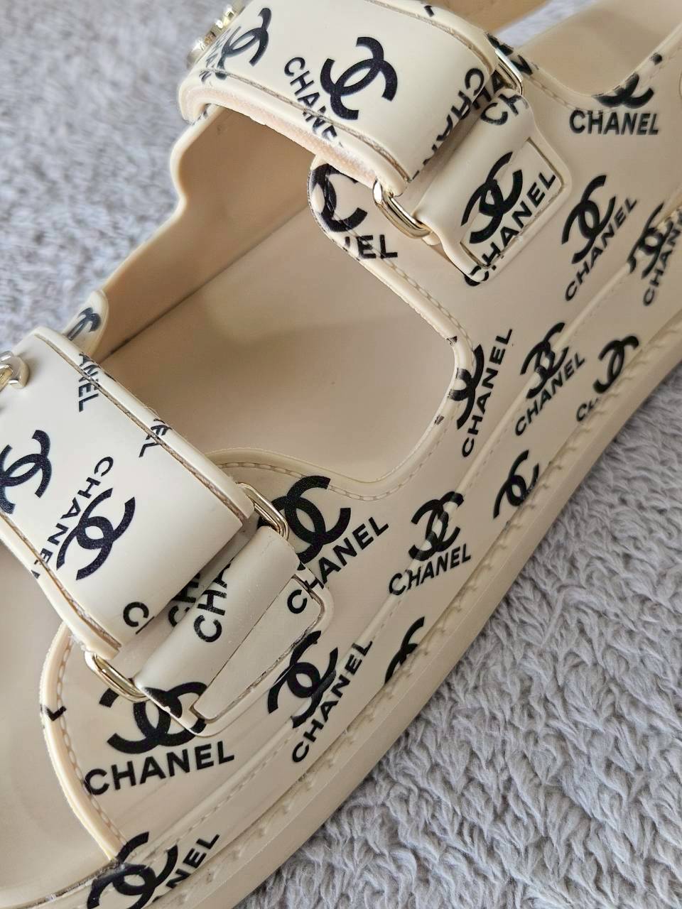 Chanel CC Dad Sandals In Rubber with God Hardware Beige