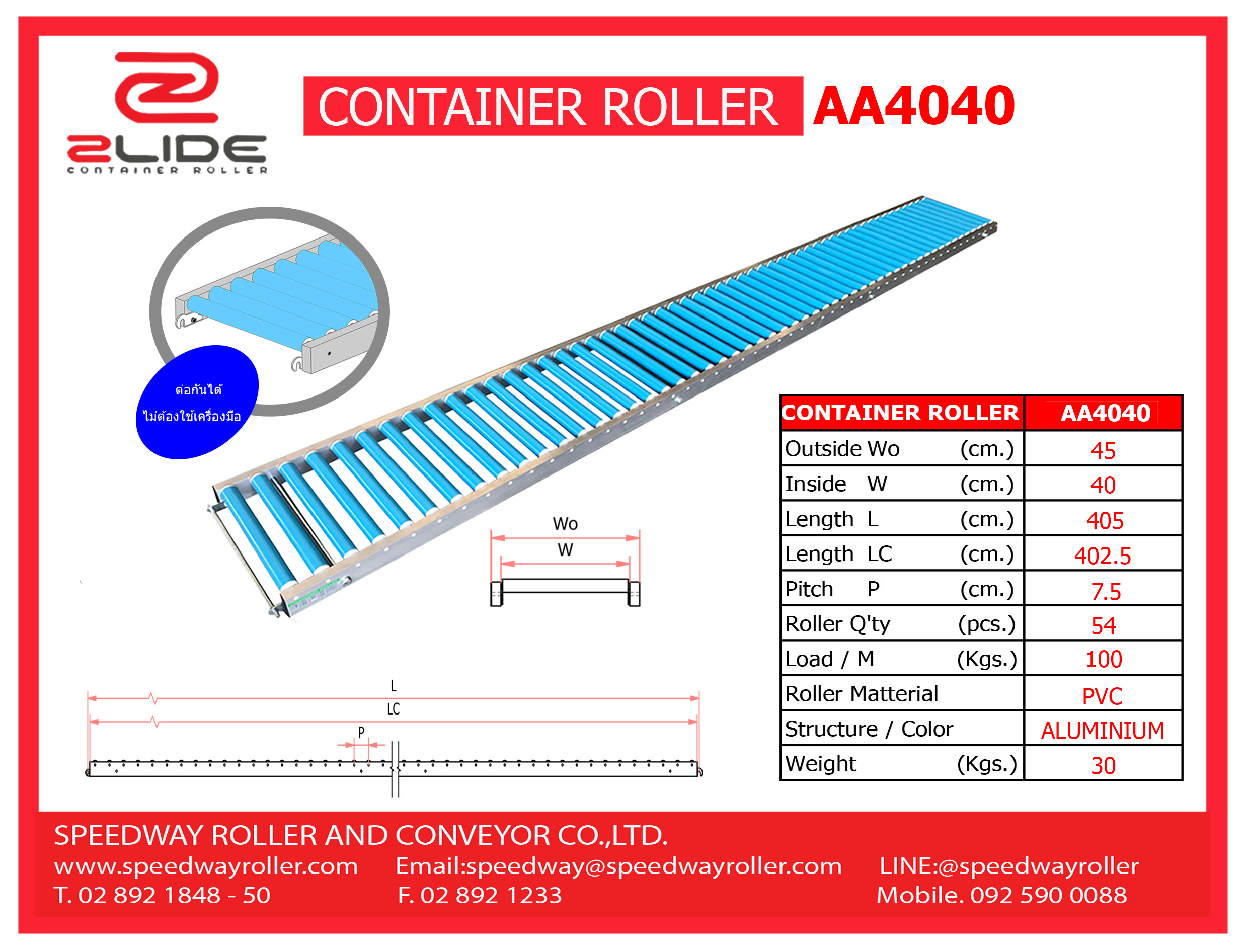 Zlide Container Roller รางลูกกลิ้ง อลูมิเนียม AA4040 W40 x L400 กว้าง 40 cm ยาว 4 M
