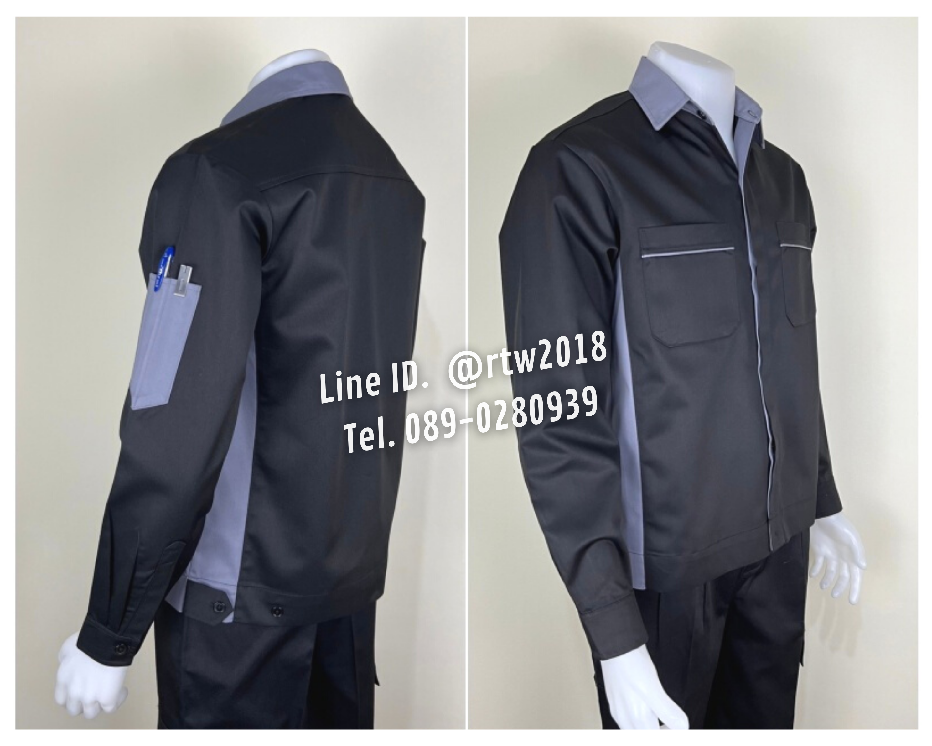 รหัส AB11.1 : เสื้อช่างแขนยาวผ้าคอมทวิวสีดำข้างเทา (ซ่อนสาบ)