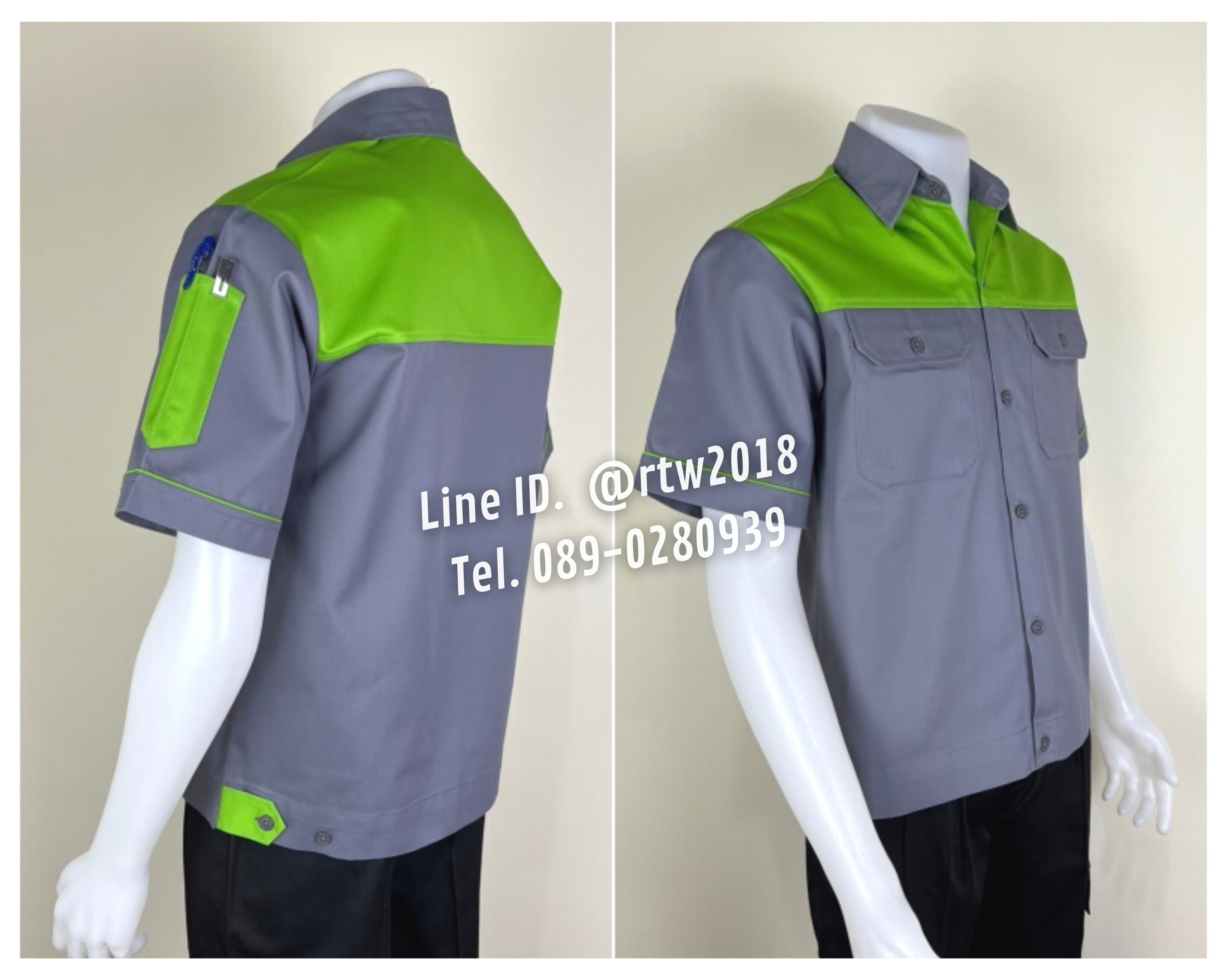 รหัส A22.3 : เสื้อช่างแขนสั้นผ้าคอมทวิวเทาอกเขียวอ่อน