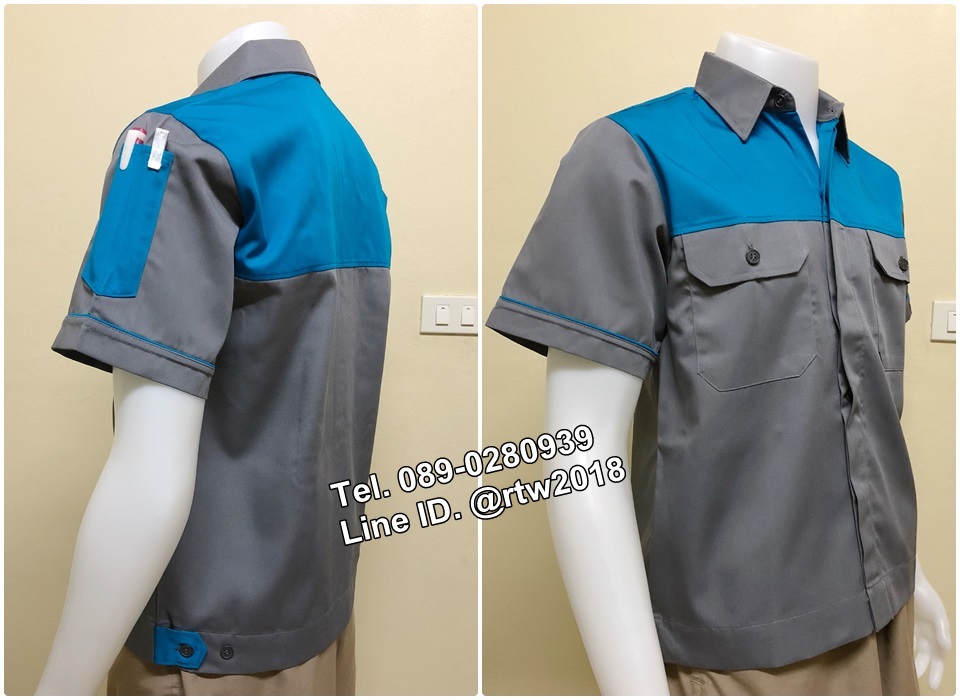 เสื้อช็อปแขนสั้นแบบเทาอกฟ้ากระดุมซ่อนสาบ (รหัส A35)