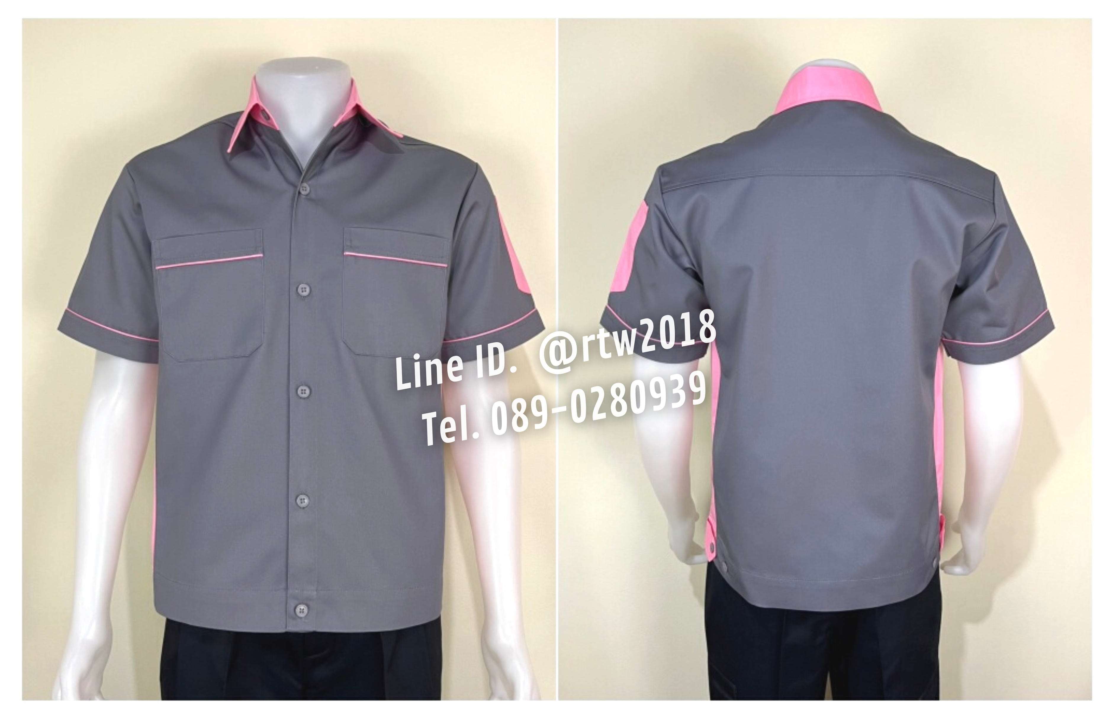รหัส A11.14 : เสื้อช่างแขนสั้นผ้าคอมทวิวสีเทาข้างชมพูอ่อน