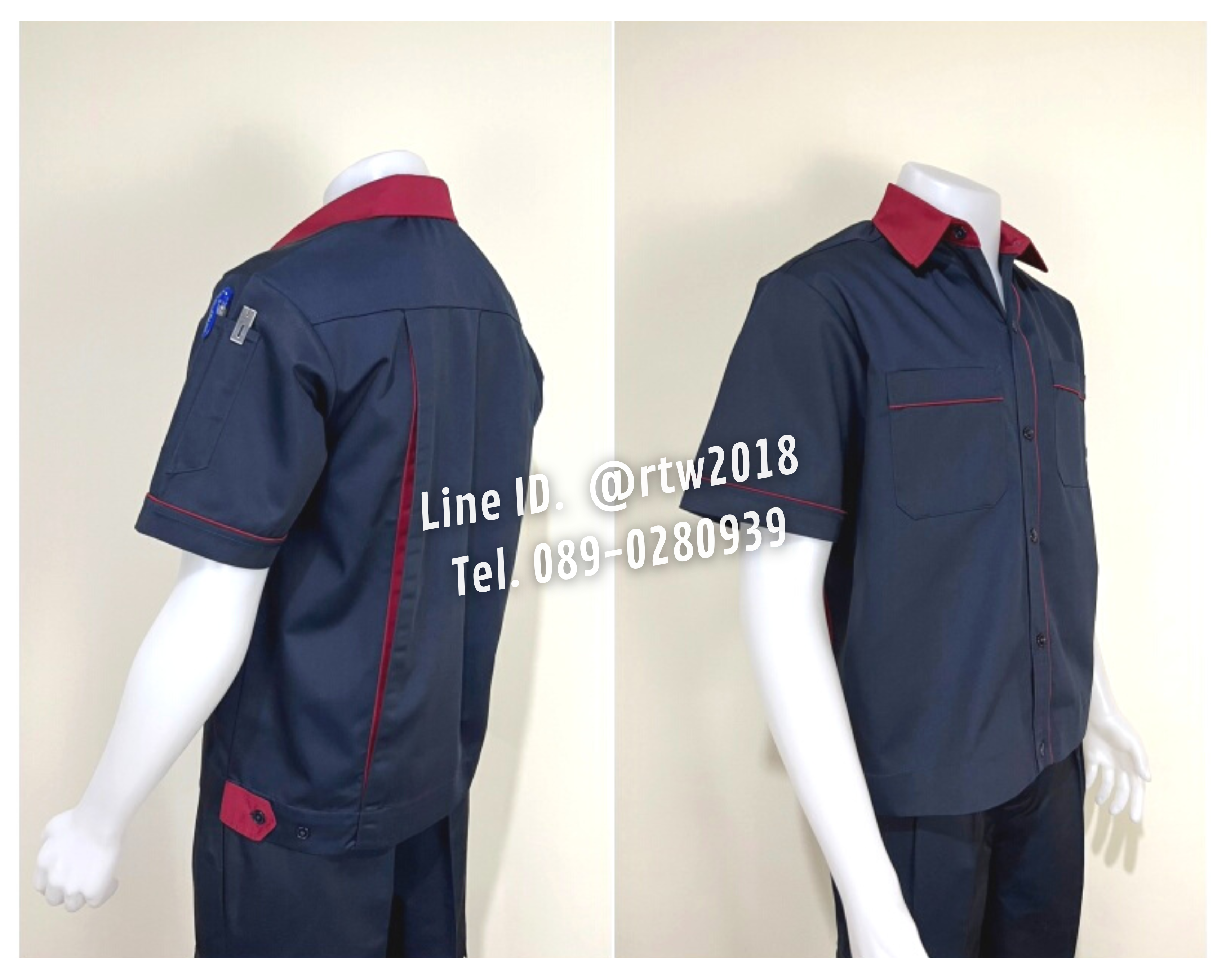 รหัส A6.10 : เสื้อช่างแขนสั้นผ้าคอมทวิวสีกรมท่ากุ้นเลือดหมู