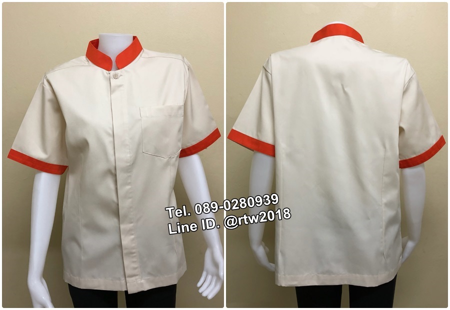 รหัส C6 : เสื้อแม่บ้านคอจีนแขนสั้นสีครีม/ส้ม