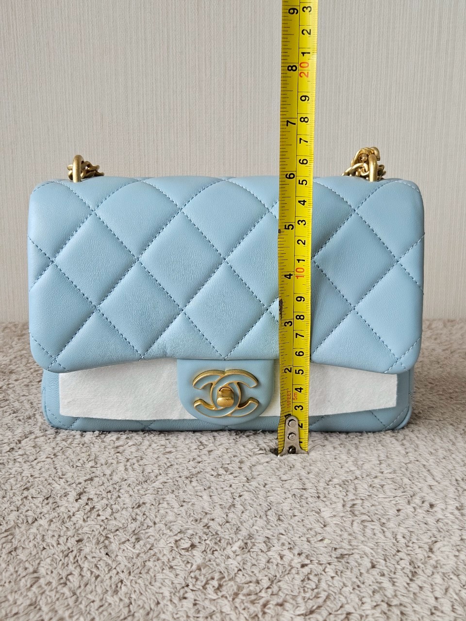 Chanel 22P Seasonal Mini Square Flap Bag Lambskin Light Blue And Enamel With Gold Hardware Metalplate