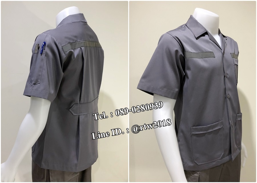 รหัส A106 : เสื้อช็อปแขนสั้นแบบสามกระเป๋าสีเทาติดสะท้อนแสง