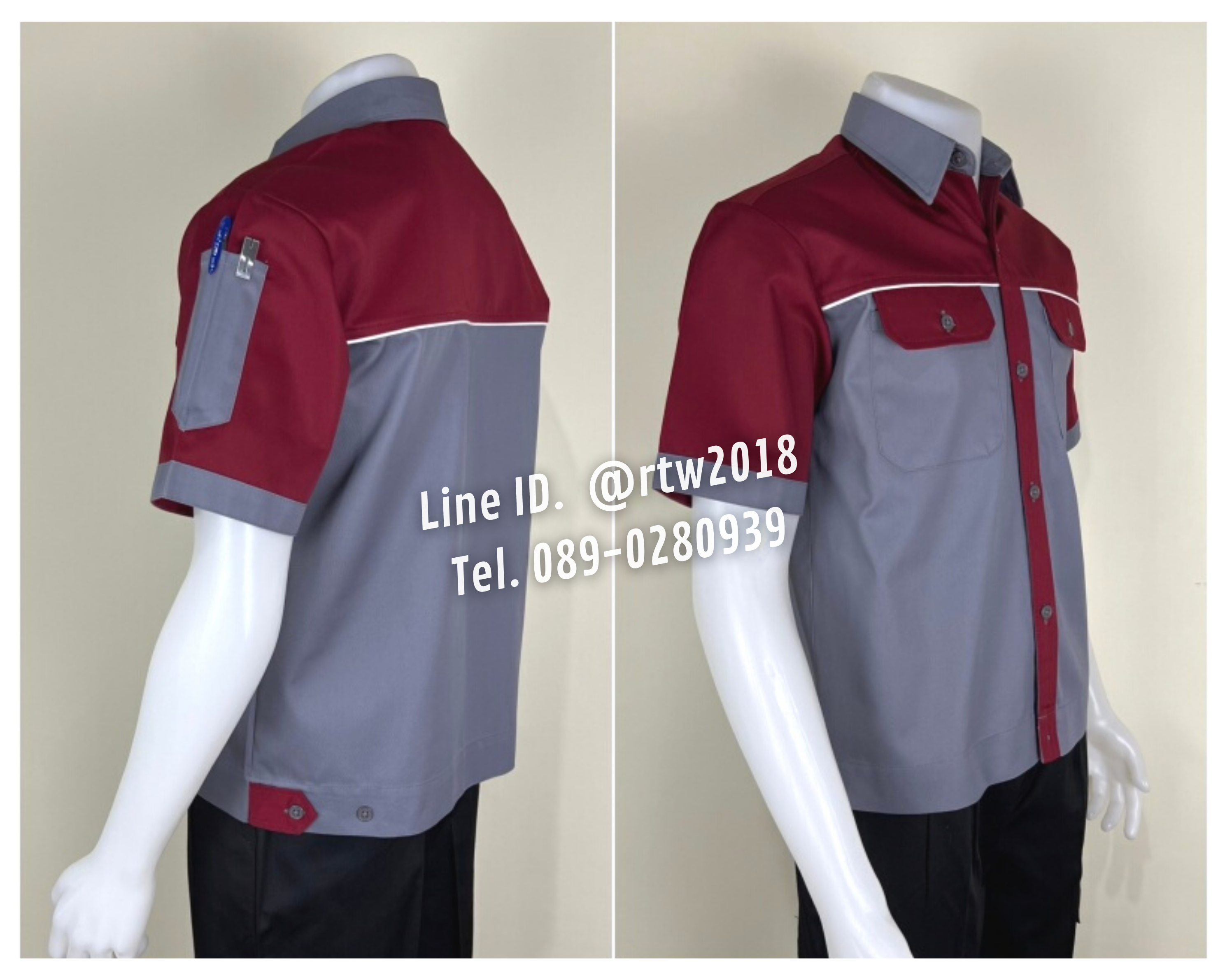 รหัส A25.4 : เสื้อช่างแขนสั้นผ้าคอมทวิวสีเทาอก+แขนเลือดหมู (กุ้นขาว)