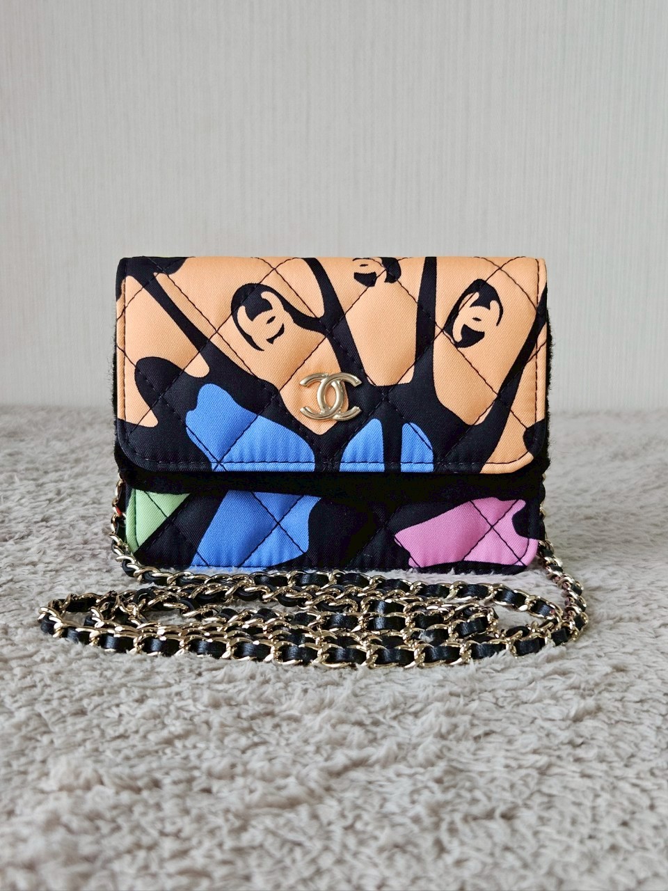 Chanel Multicolor Printed Fabric Mini Clutch With Chain holo32