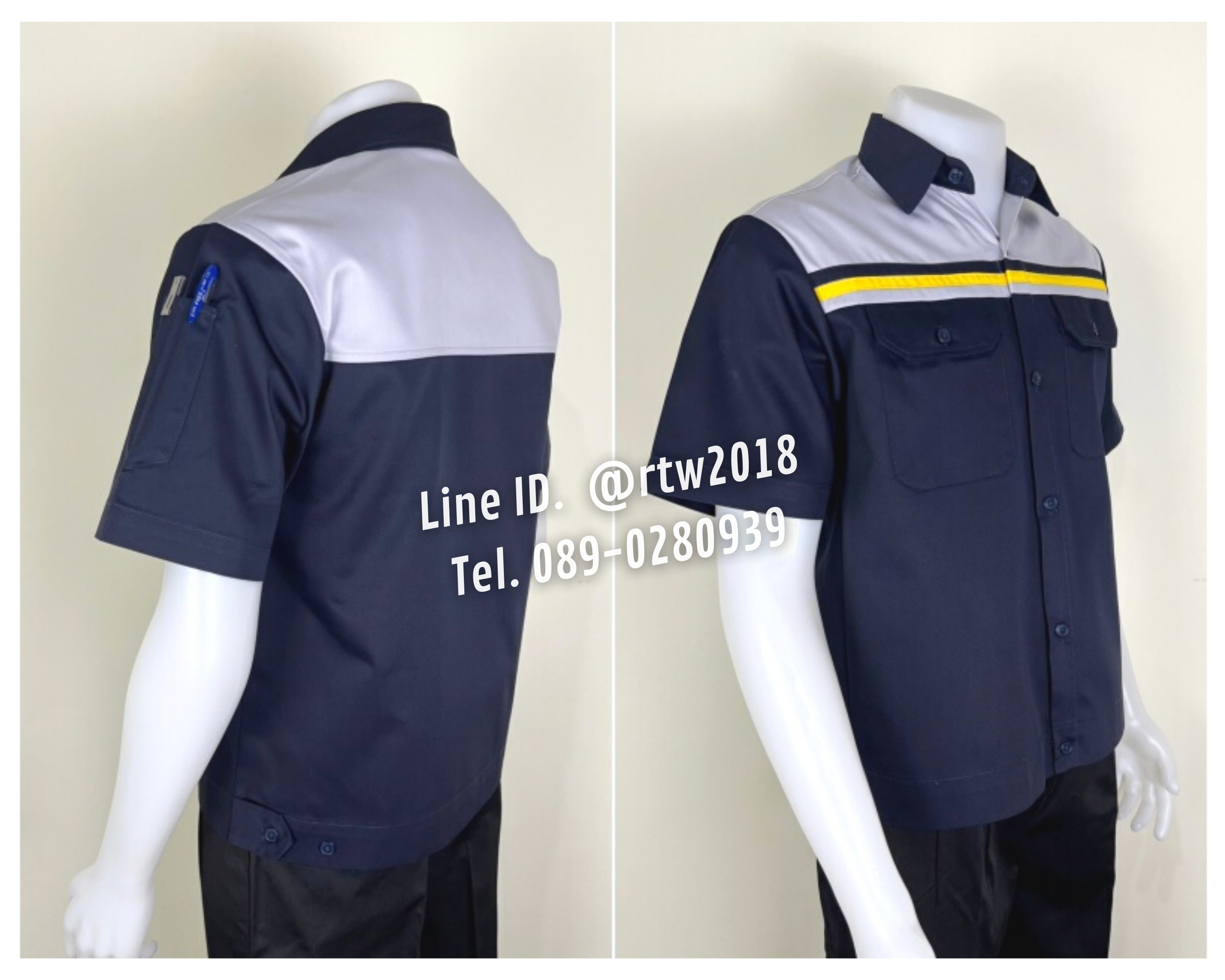 รหัส A28 : เสื้อช่างแขนสั้นผ้าคอมทวิวสีกรมท่าอกเทาอ่อนคาดอกเหลือง-กรมท่า