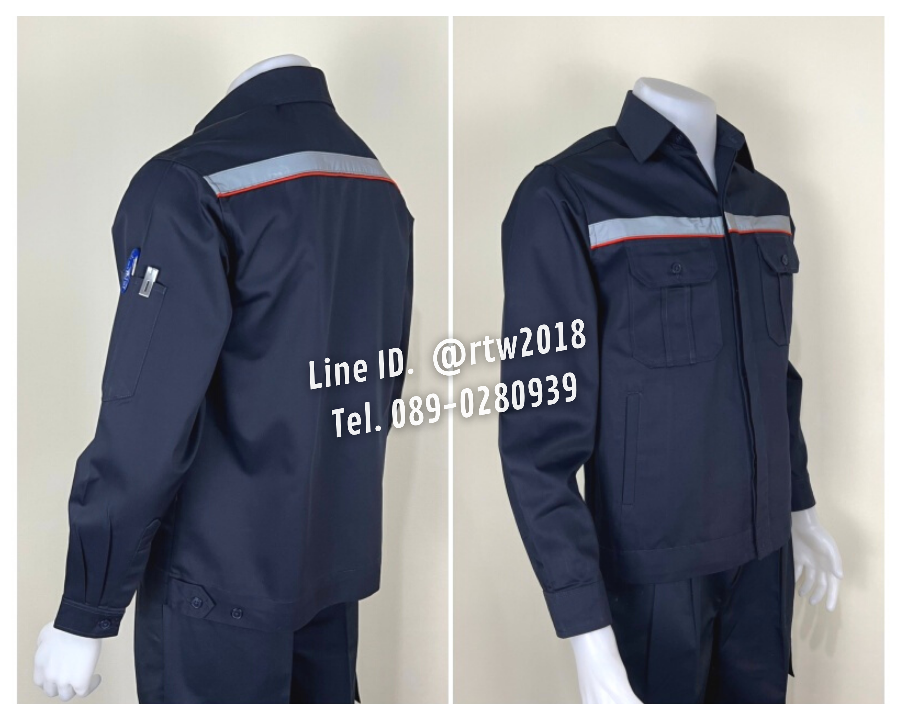 รหัส AB13.1 : เสื้อช่างแขนยาวผ้าคอมทวิวสีกรมท่า 4 กระเป๋า (กุ้นส้ม) (ติดสะท้อนแสง) (ซ่อนสาบ)