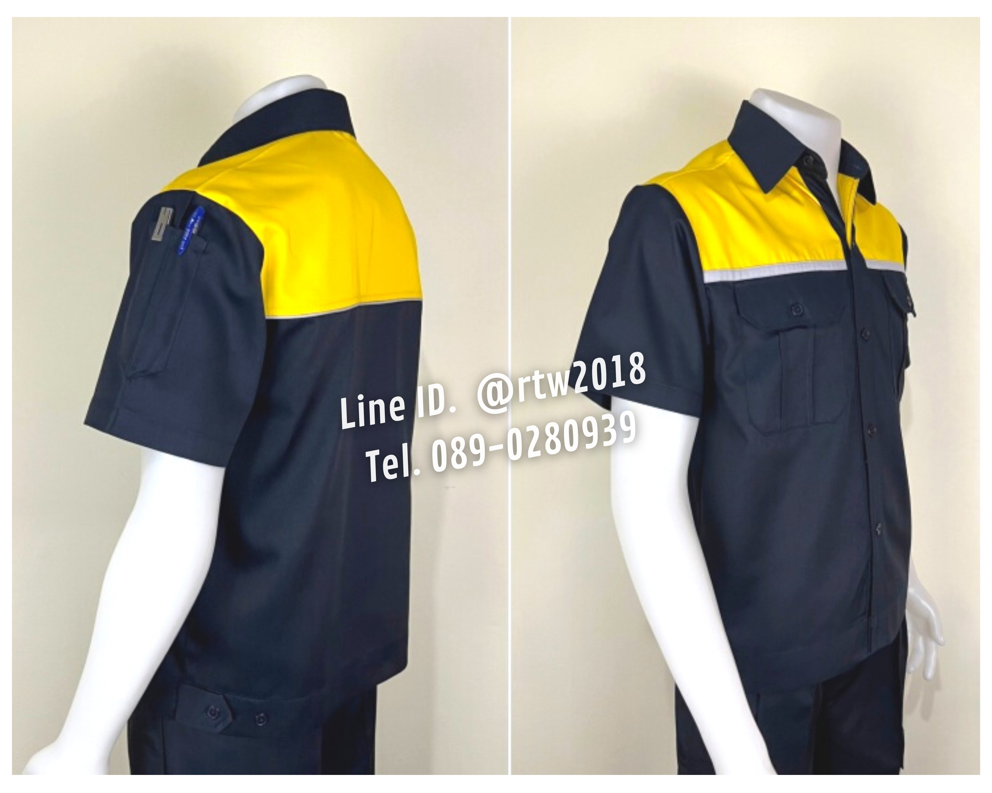 รหัส A20.1 : เสื้อช่างแขนสั้นผ้าคอมทวิวสีกรมท่าอกเหลืองแต่งเทา