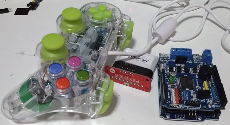 ชุดควบคุมหุ่นยนต์กึ่งอัติโนมัติ แบบสายจอย PS2 พร้อมคู่มือสอน การประยุกต์ใช้งาน Ex