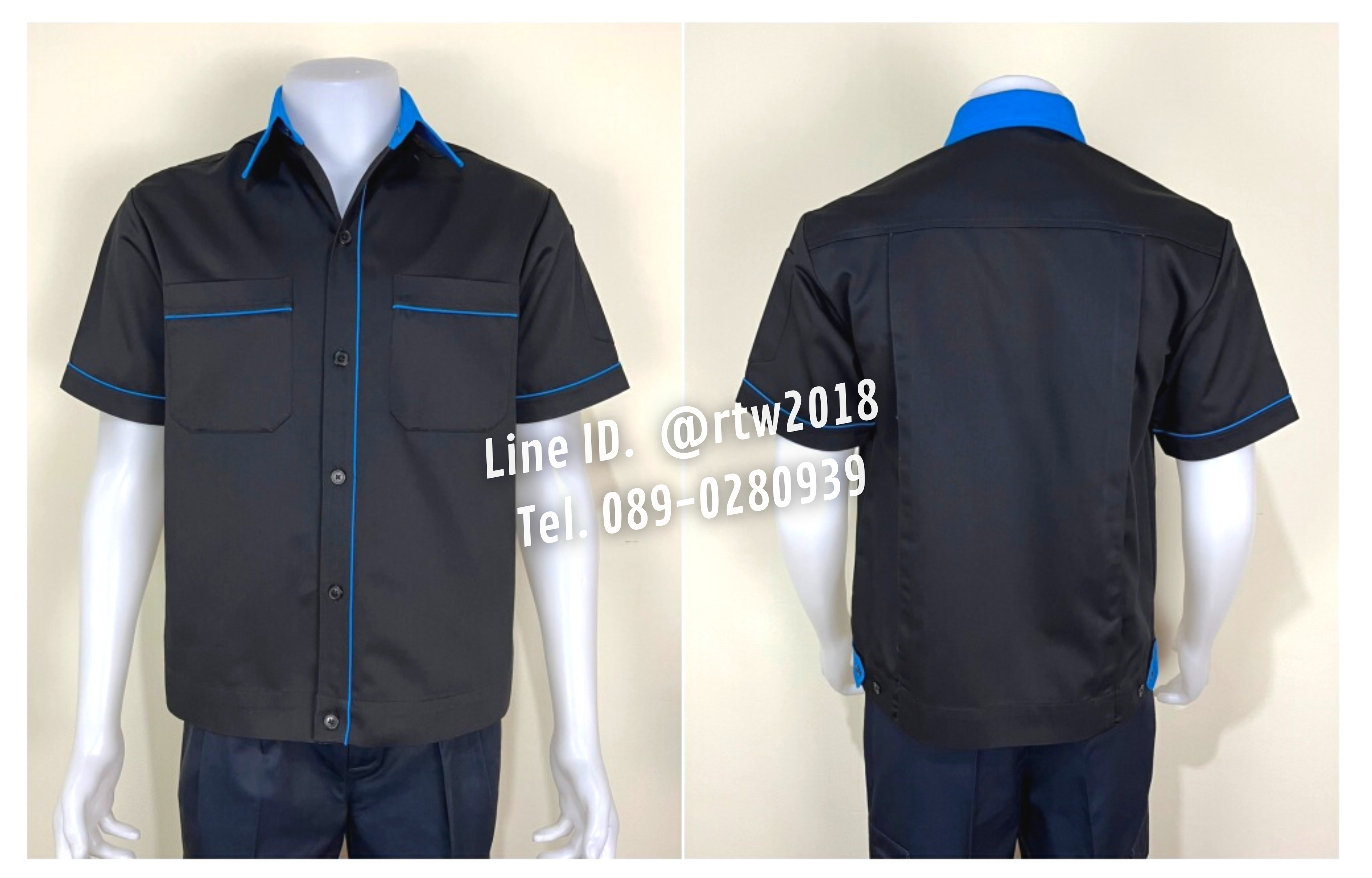 รหัส A7.3 : เสื้อช่างแขนสั้นผ้าคอมทวิวสีดำกุ้นฟ้าเข้ม