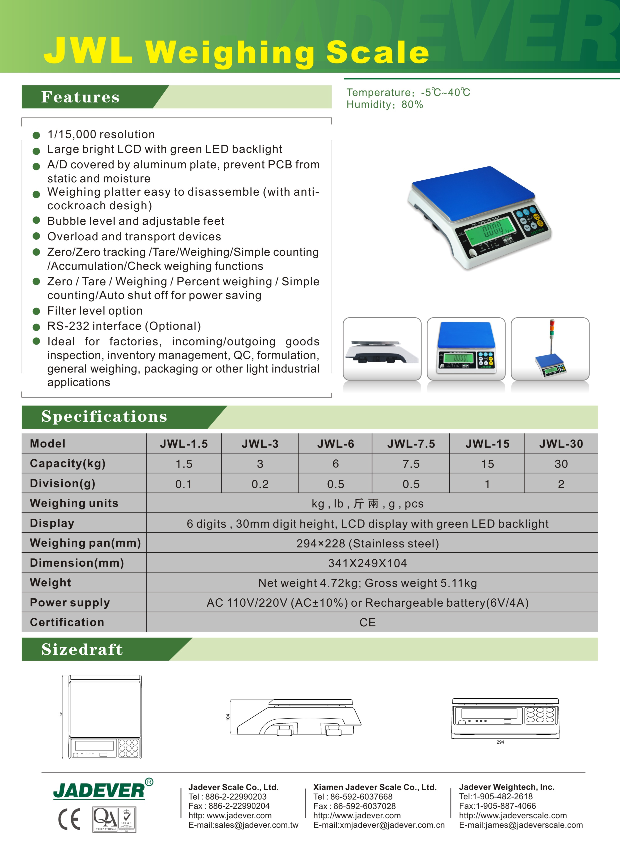 JADEVER เครื่องชั่งตั้งโต๊ะเครื่องชั่งดิจิตอล JWL