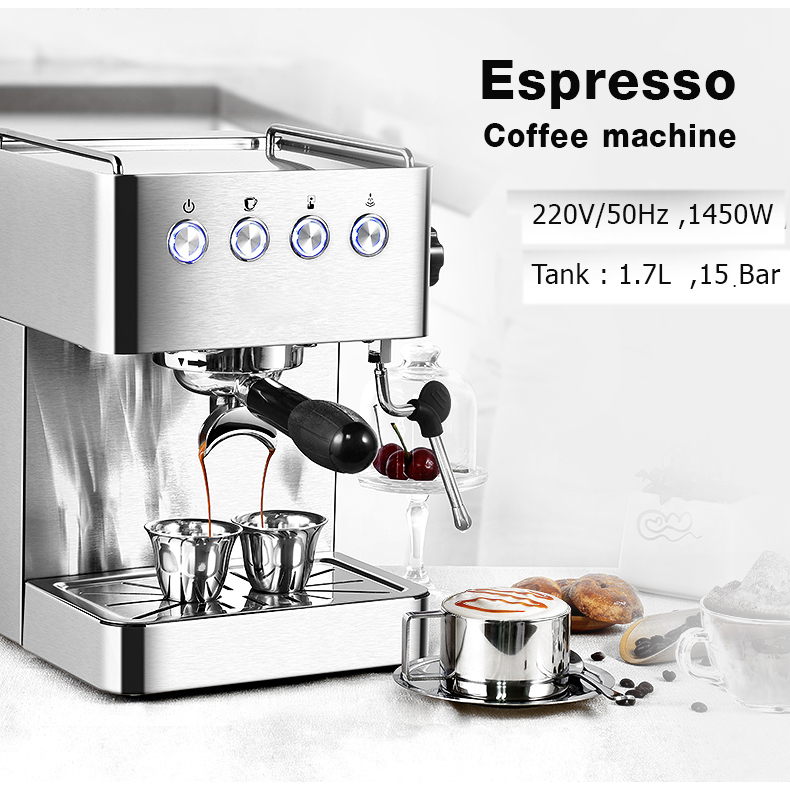 Coffee machine home Italian full semi-automatic small pump pressure steam milk foam 1450W.