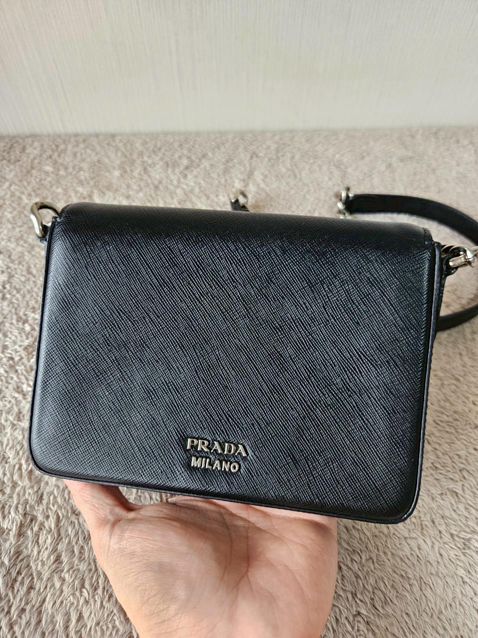 Prada 1BH014 Black Saffiano Leather Chain Shoulder Bag