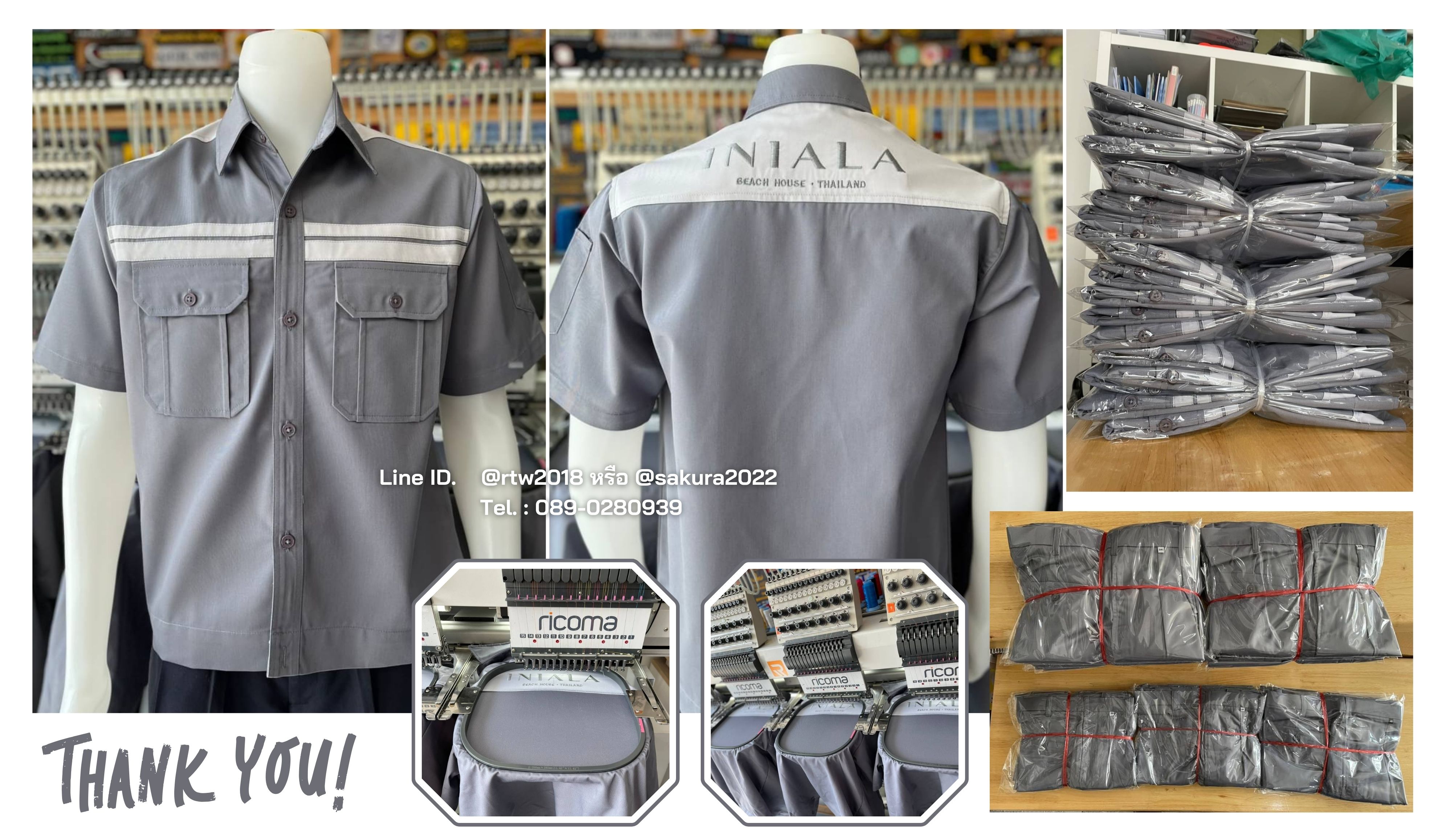 รหัส A19.4 : เสื้อช่างแขนสั้นผ้าคอมทวิวสีเทาคาดอกเทาอ่อนคู่