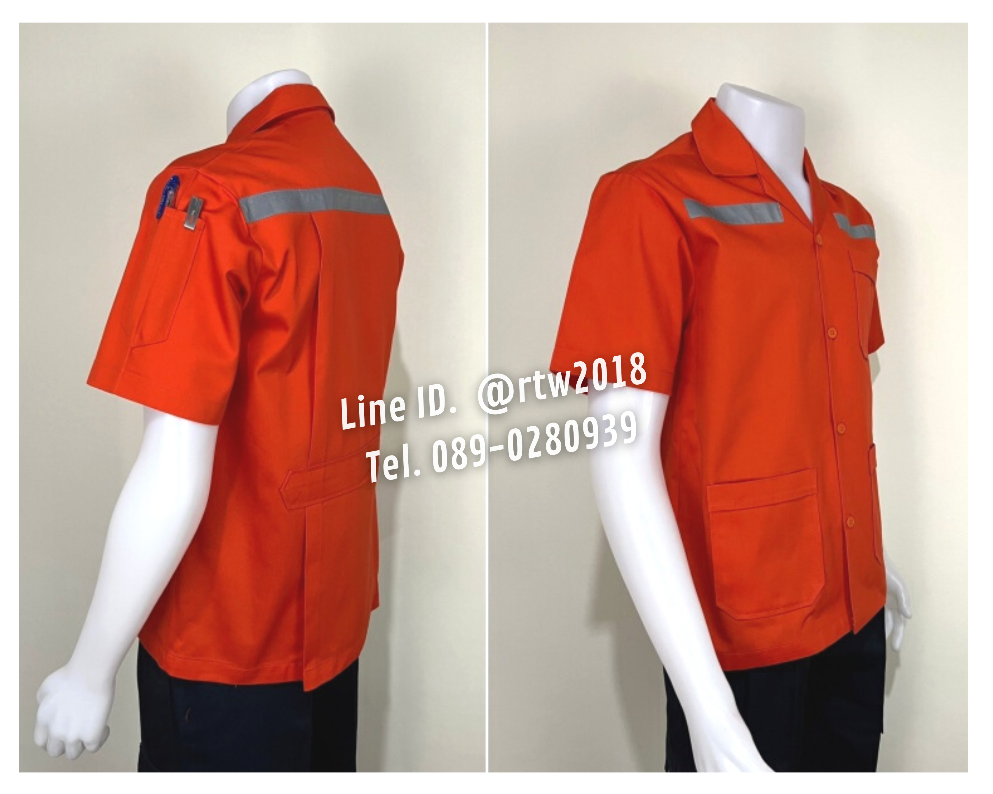 รหัส A1.6 : เสื้อช่างแขนสั้นผ้าคอมทวิวสามกระเป๋าสีส้มล้วน (ติดสะท้อนแสง)