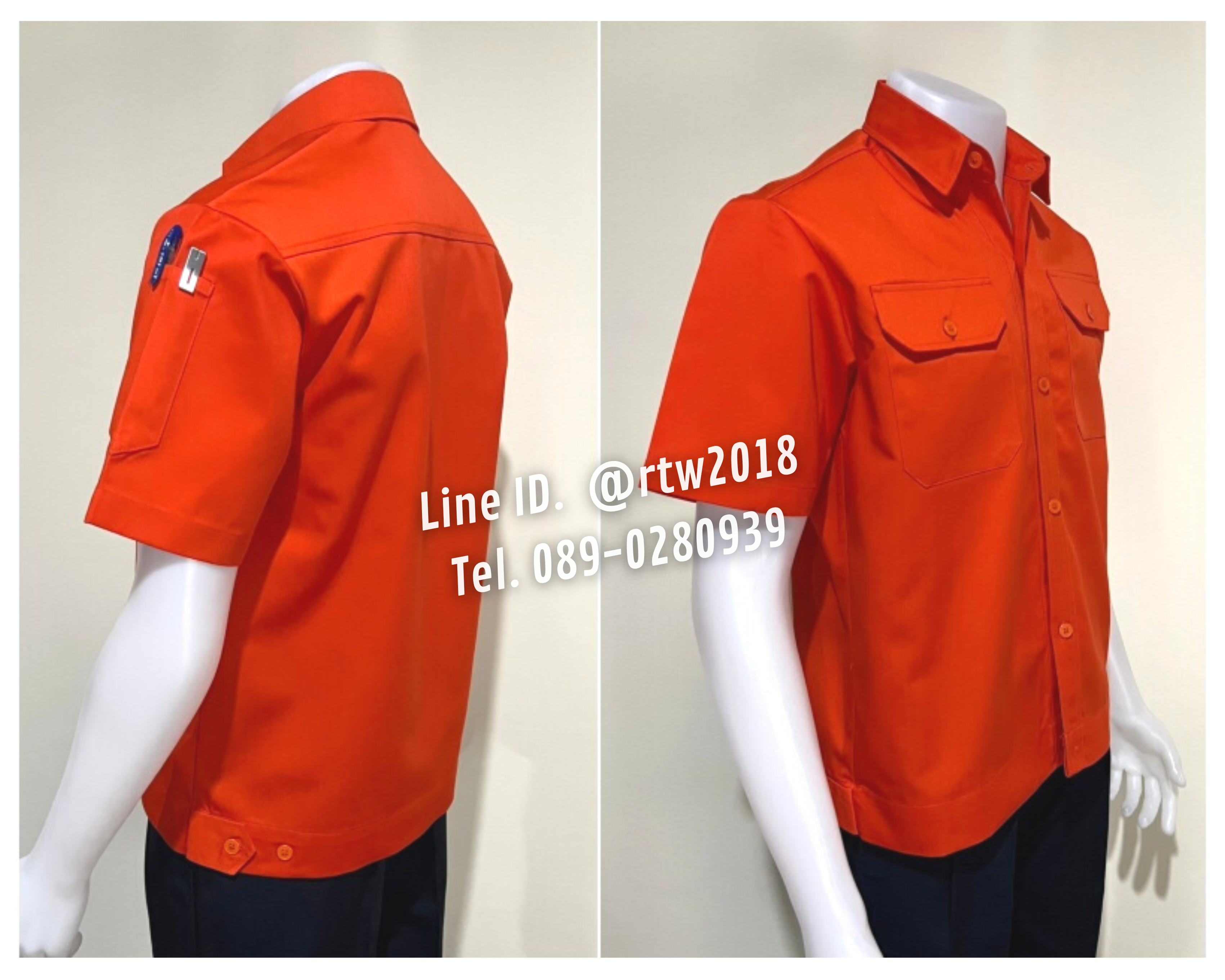 รหัส A2.3 : เสื้อช่างแขนสั้นผ้าคอมทวิวสองกระเป๋าที่อกสีส้มล้วน