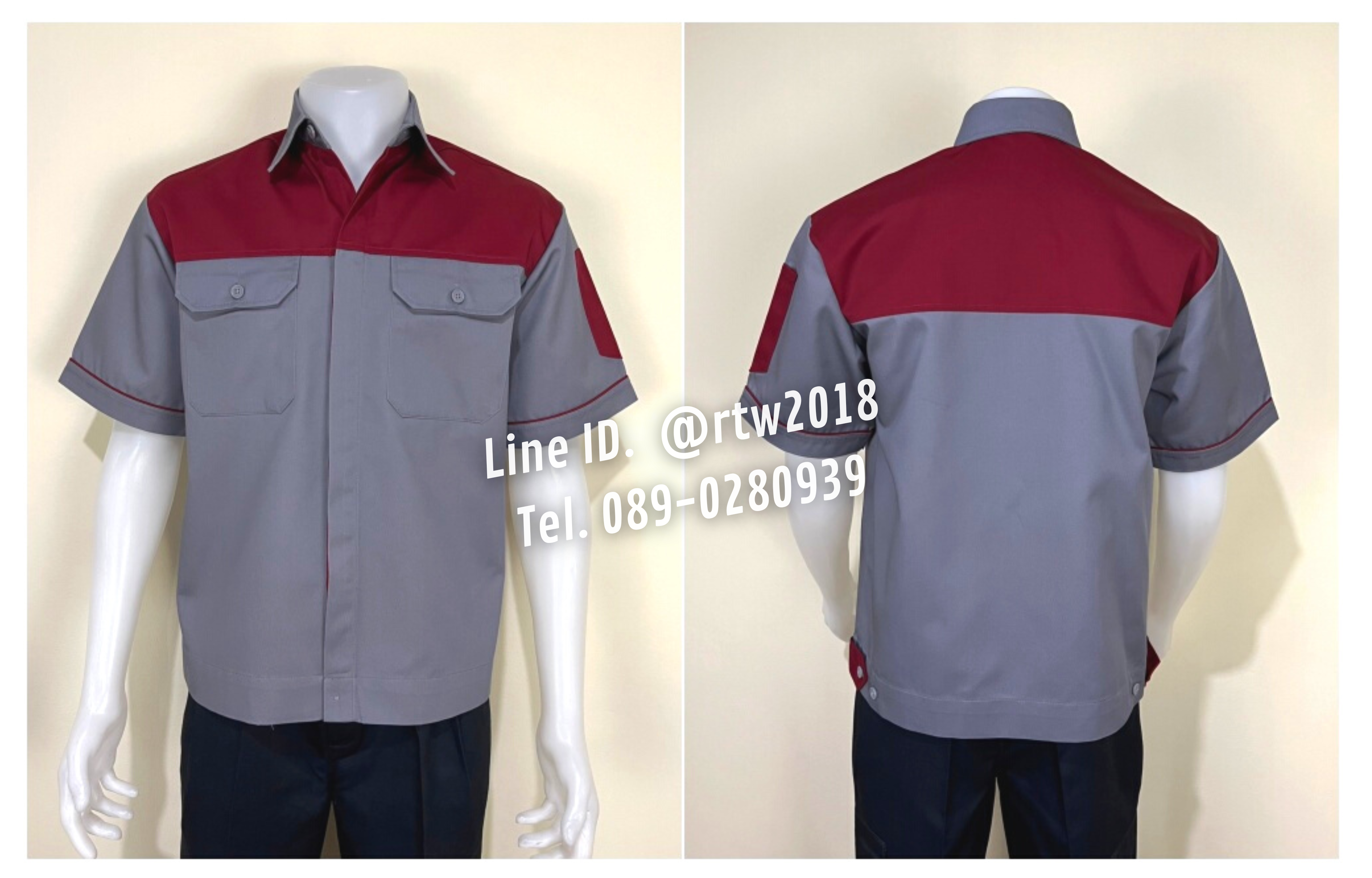 รหัส A8.9 : เสื้อช่างแขนสั้นผ้าคอมทวิวเทาอกเลือดหมู (ซ่อนสาบ)