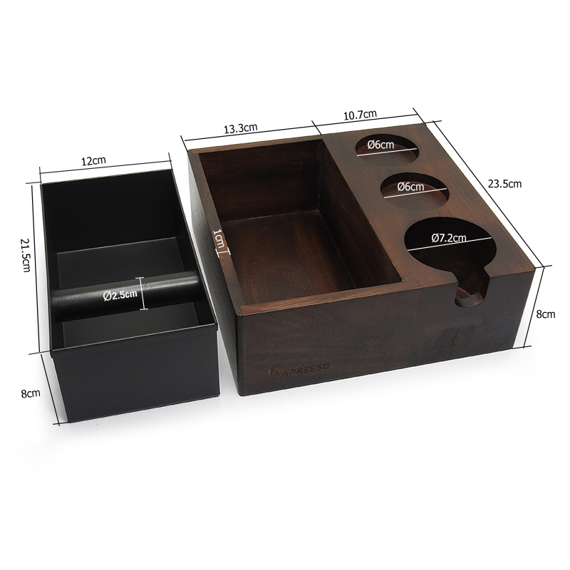 Knock box there is a tamper stand and a holder for the brewing handle