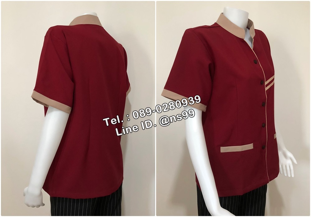 รหัส C11 : เสื้อแม่บ้านคอจีนแขนสั้นสีเลือดหมู/น้ำตาลอ่อน
