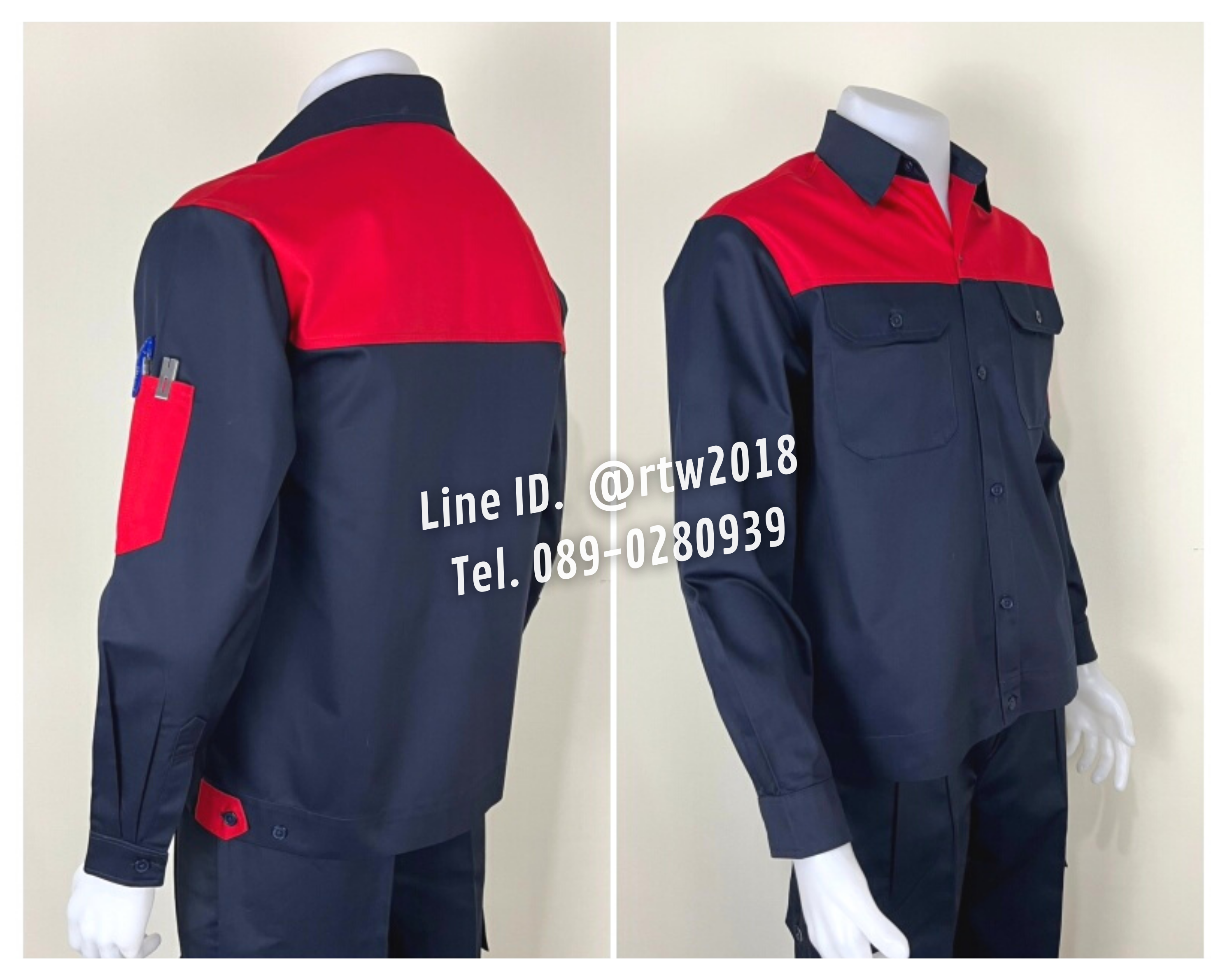 รหัส AB15.1 : เสื้อช่างแขนยาวผ้าคอมทวิวสีกรมท่าอกแดง