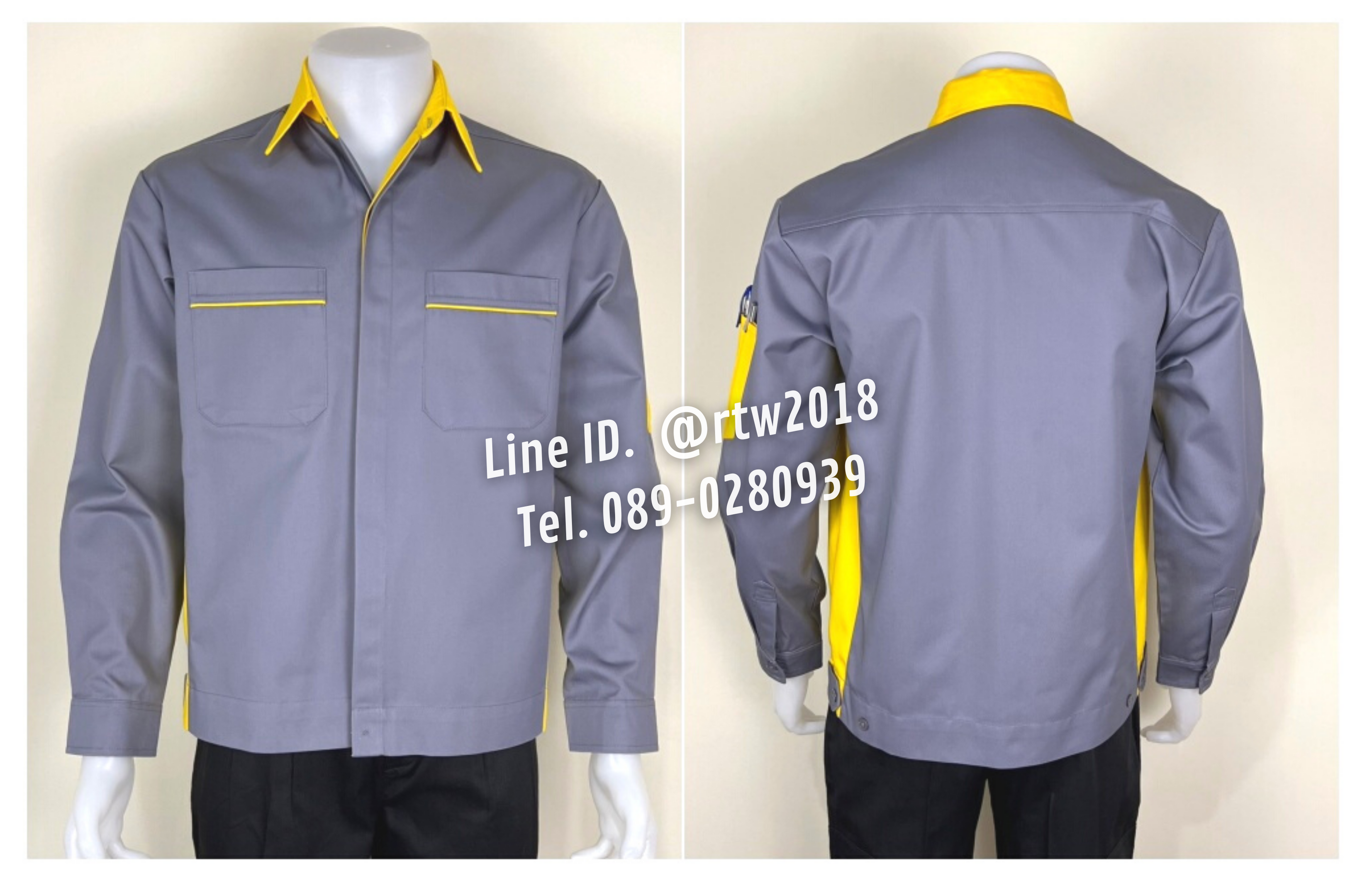 รหัส AB9.5 : เสื้อช่างแขนยาวผ้าคอมทวิวสีเทาข้างเหลือง (ซ่อนสาบ)