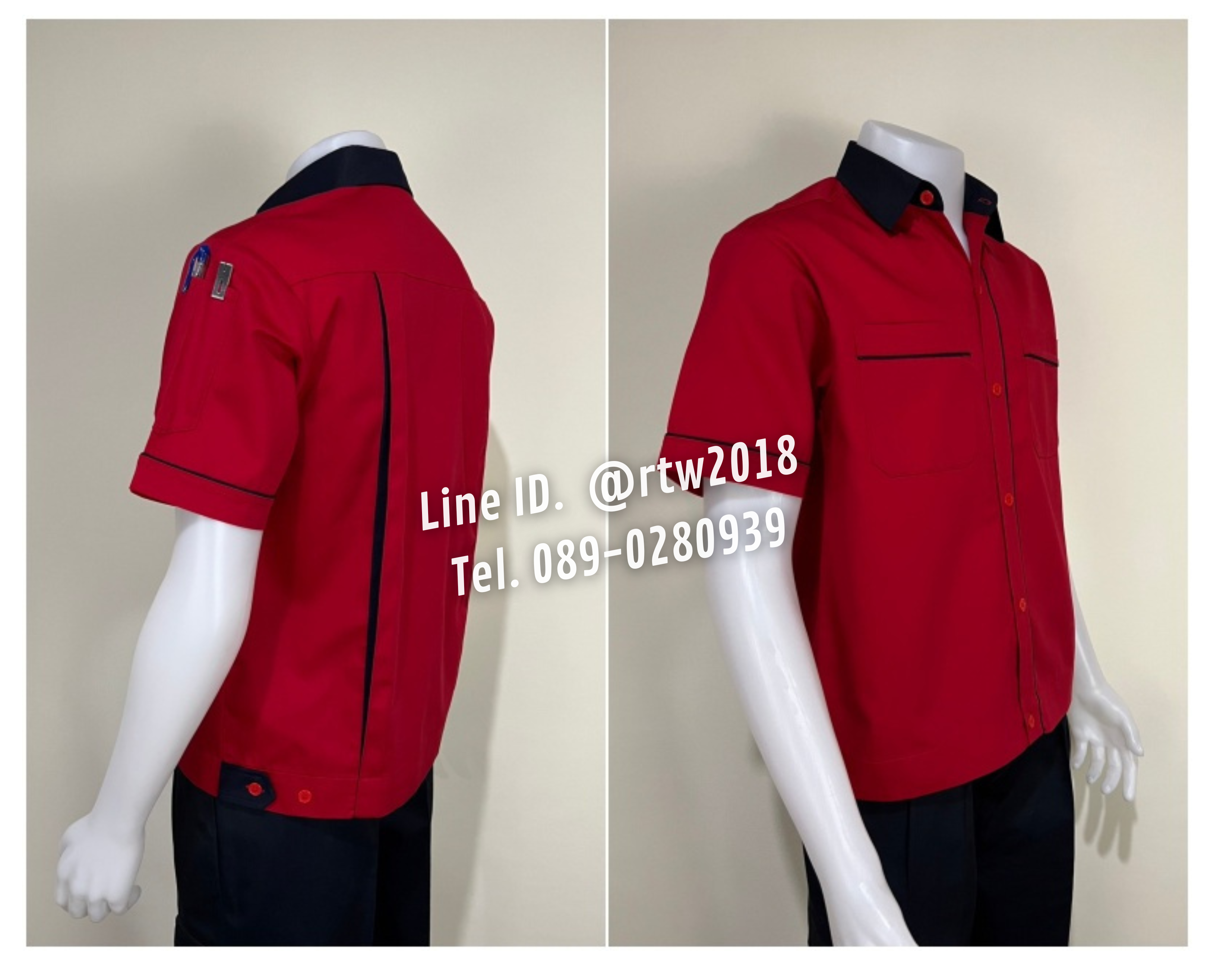 รหัส A15.4 : เสื้อช่างแขนสั้นผ้าคอมทวิวสีแดงกุ้นกรมท่า