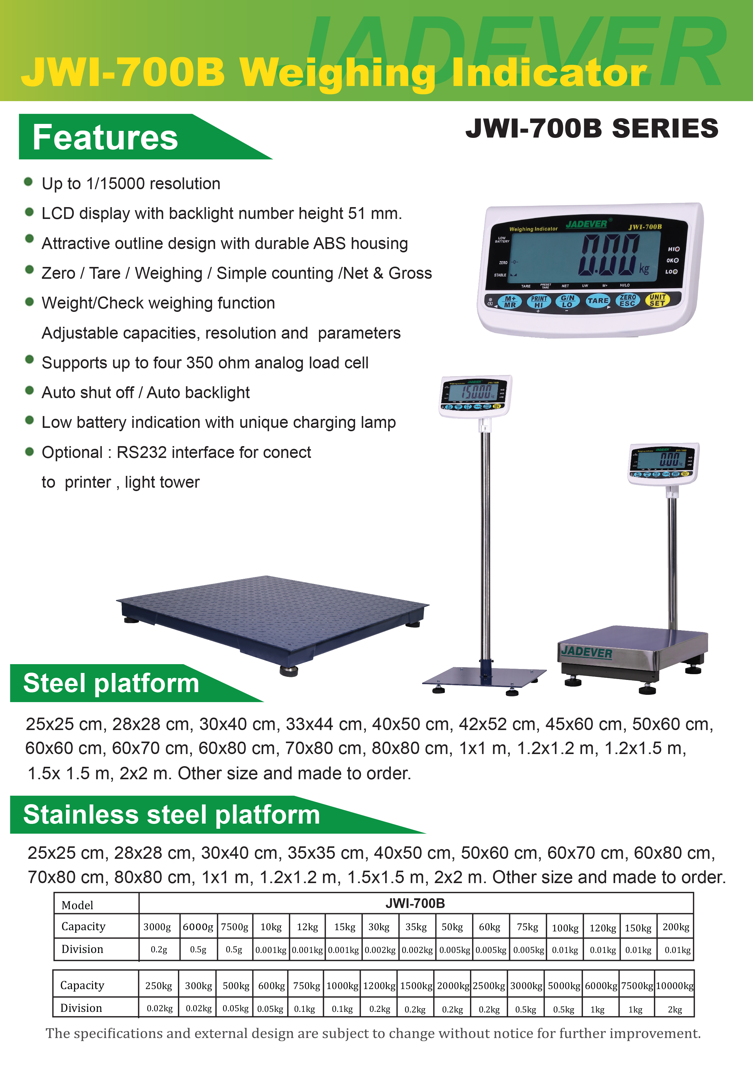 JADEVER เครื่องชั่งตั้งพื้น 60กิโล ขนาดแท่นชั่ง40x50Cm JWI-700B