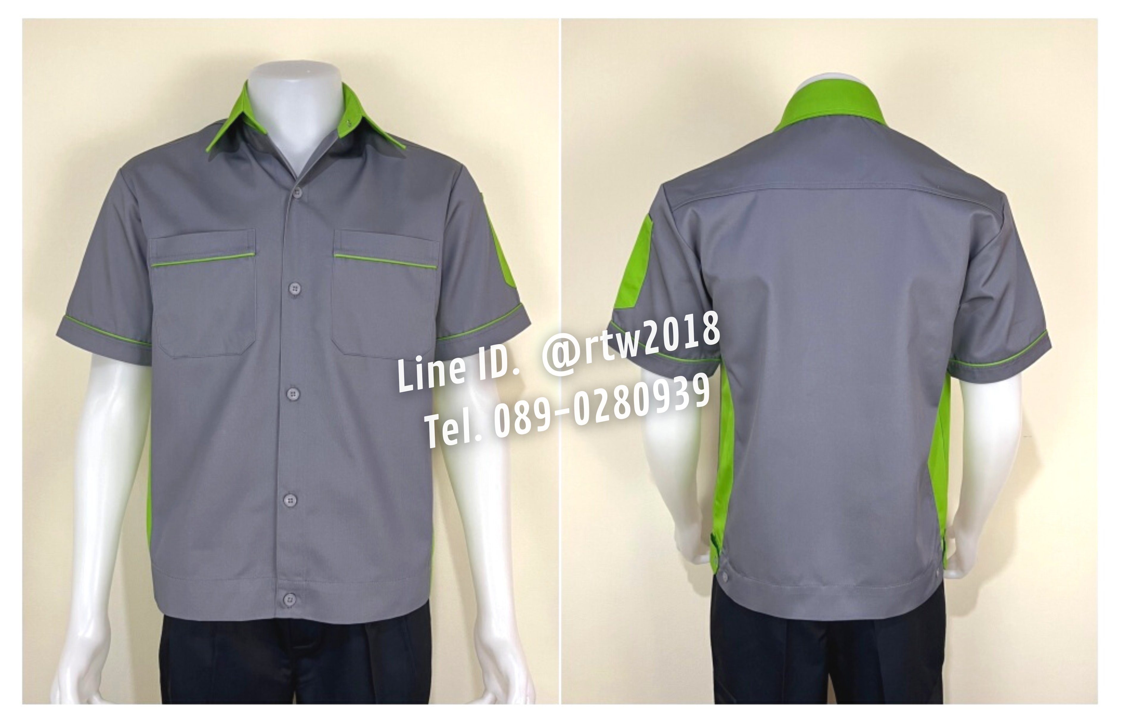 รหัส A11.7 : เสื้อช่างแขนสั้นผ้าคอมทวิวสีเทาข้างเขียวอ่อน