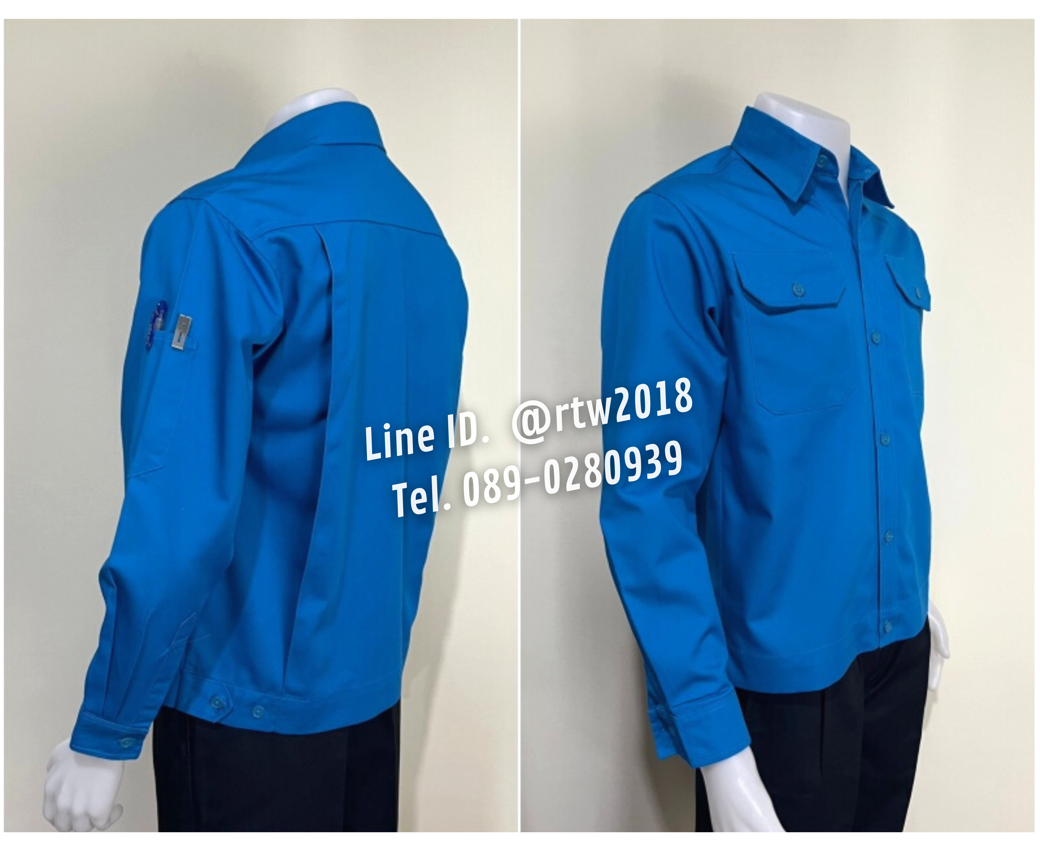 รหัส AB1.3 : เสื้อช่างแขนยาวผ้าคอมทวิวสีฟ้าเข้มล้วน