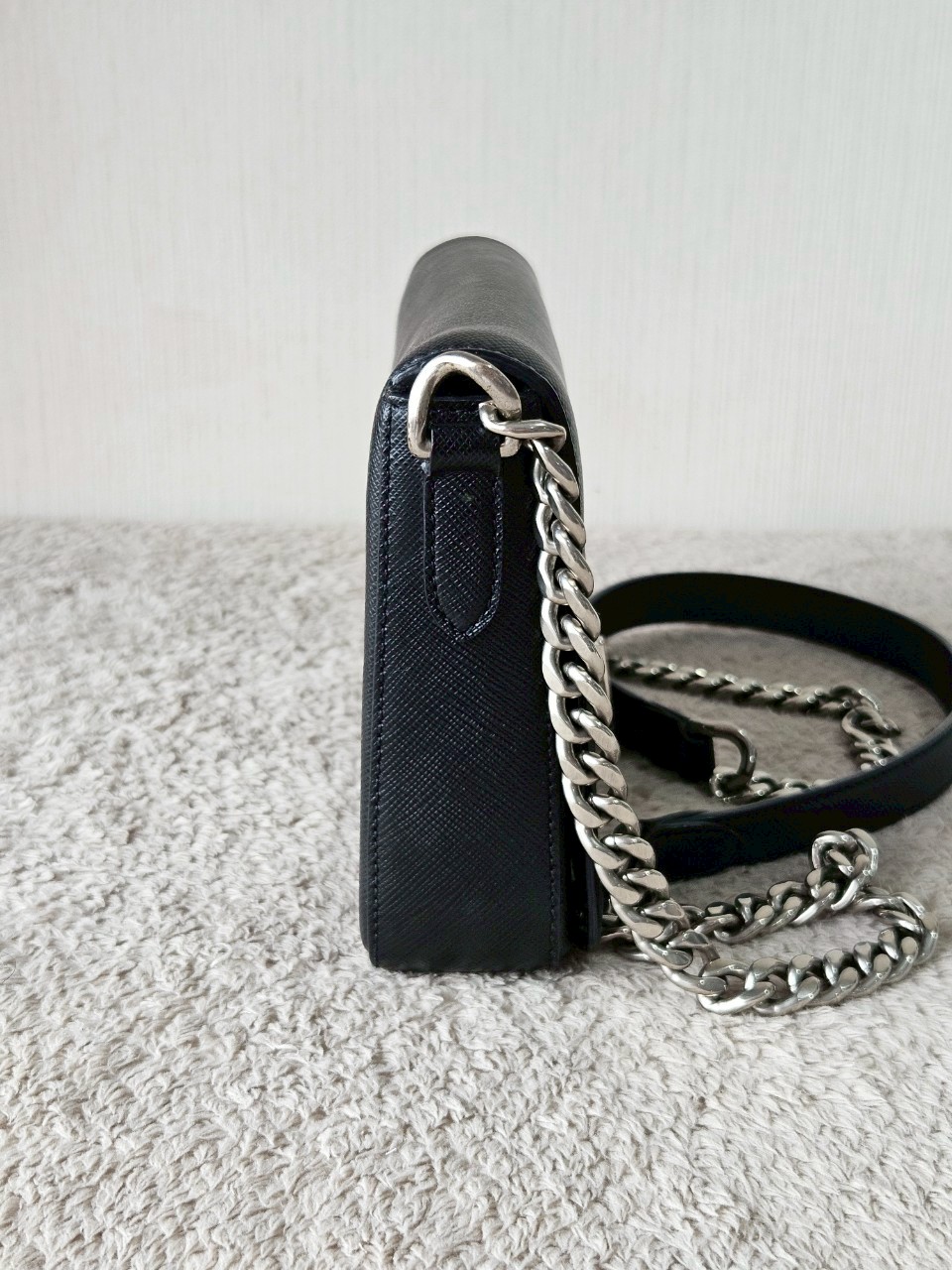 Prada 1BH014 Black Saffiano Leather Chain Shoulder Bag