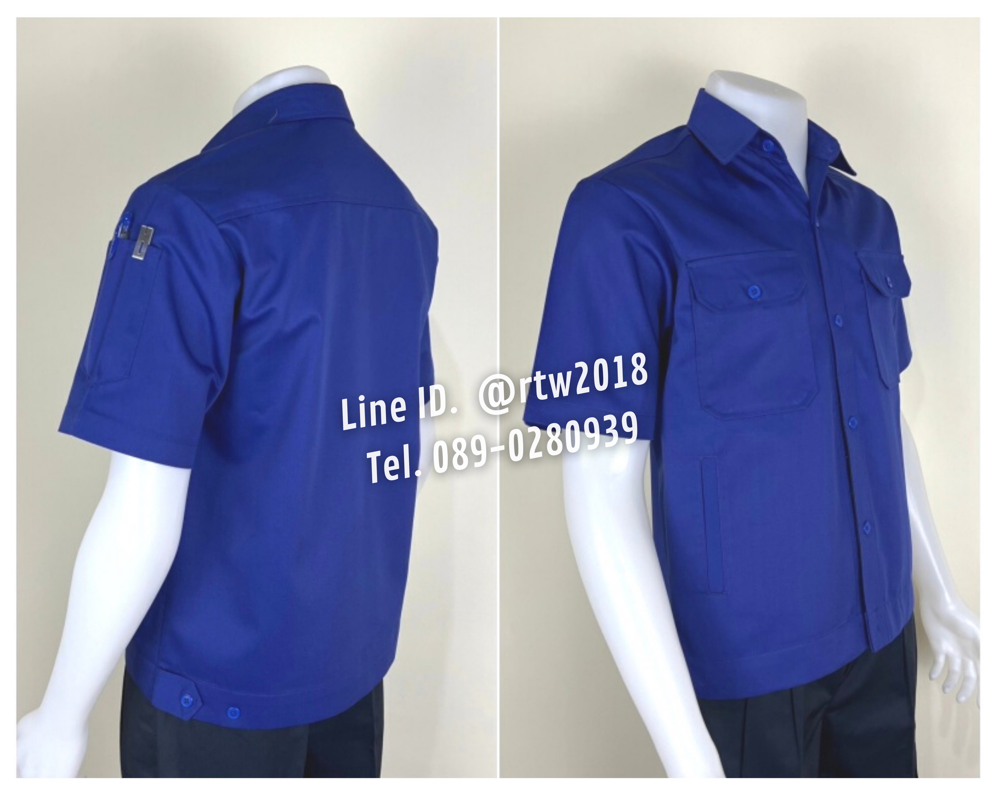 รหัส A4.6 : เสื้อช่างแขนสั้นผ้าคอมทวิวสี่กระเป๋าสีน้ำเงินล้วน