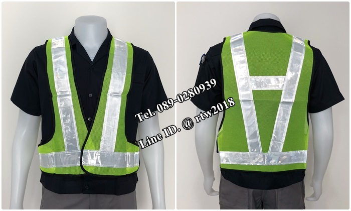 เสื้อกั๊กช่างแบบสายคาด ตาข่ายสีเขียวสะท้อนแสงขาว (รหัส Q1)
