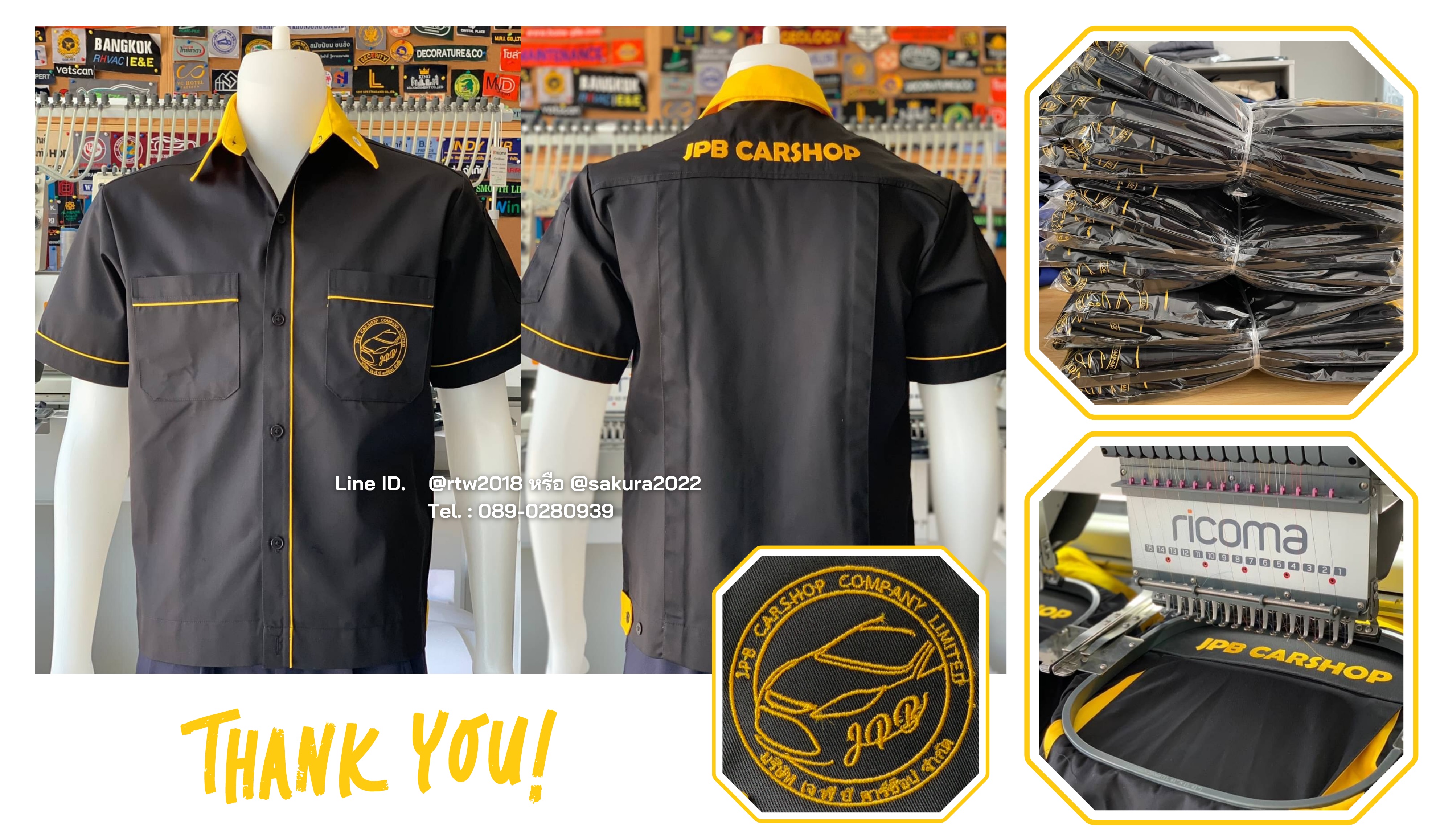 รหัส A7.7 : เสื้อช่างแขนสั้นผ้าคอมทวิวสีดำกุ้นเหลือง