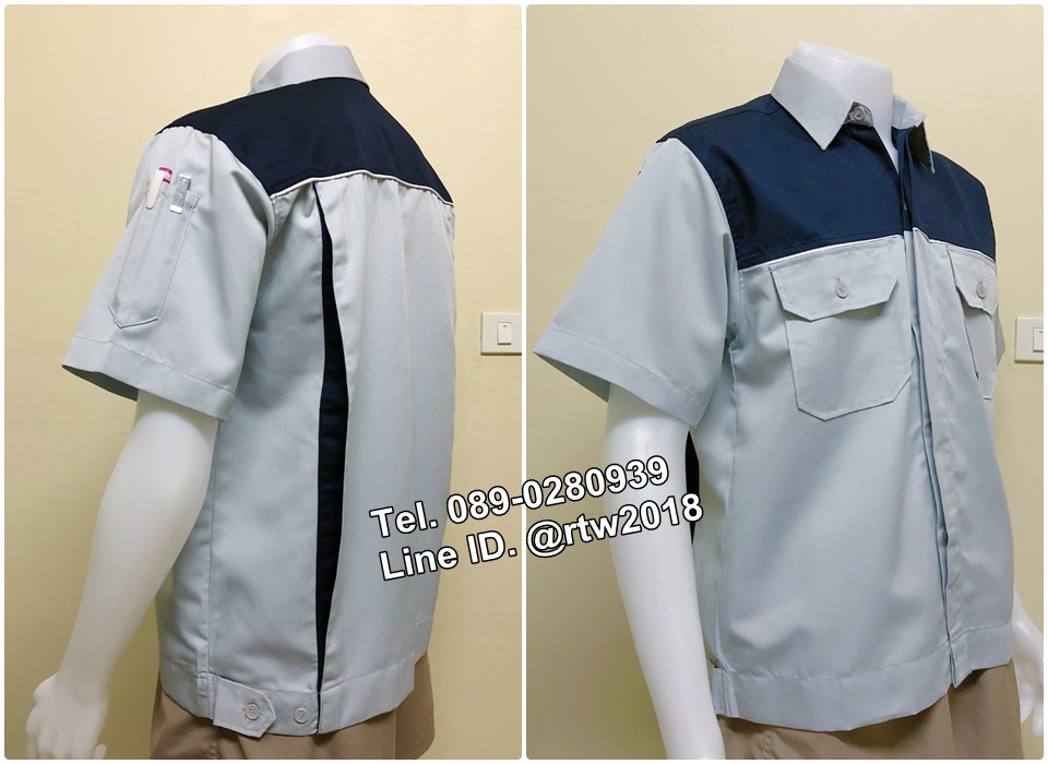 รหัส A28 : เสื้อช่างแขนสั้นแบบเทาอกกรมกุ้นขาว